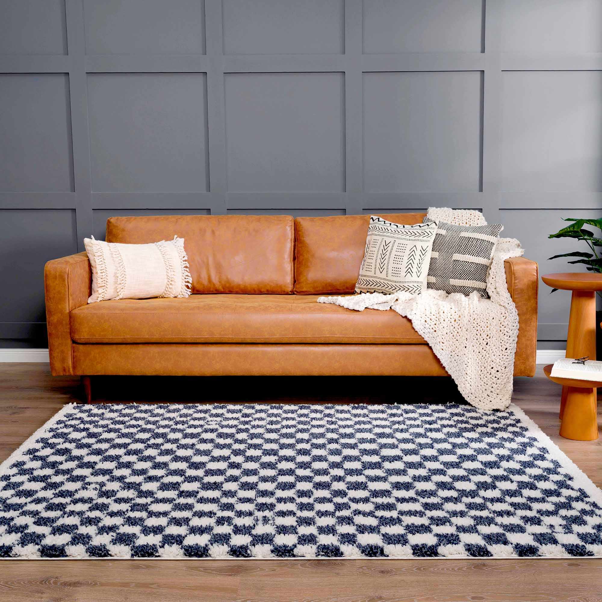Modern Geometrical Blue and Ivory Checkered Plush Pile Moroccan Style Area Rug - Image 15