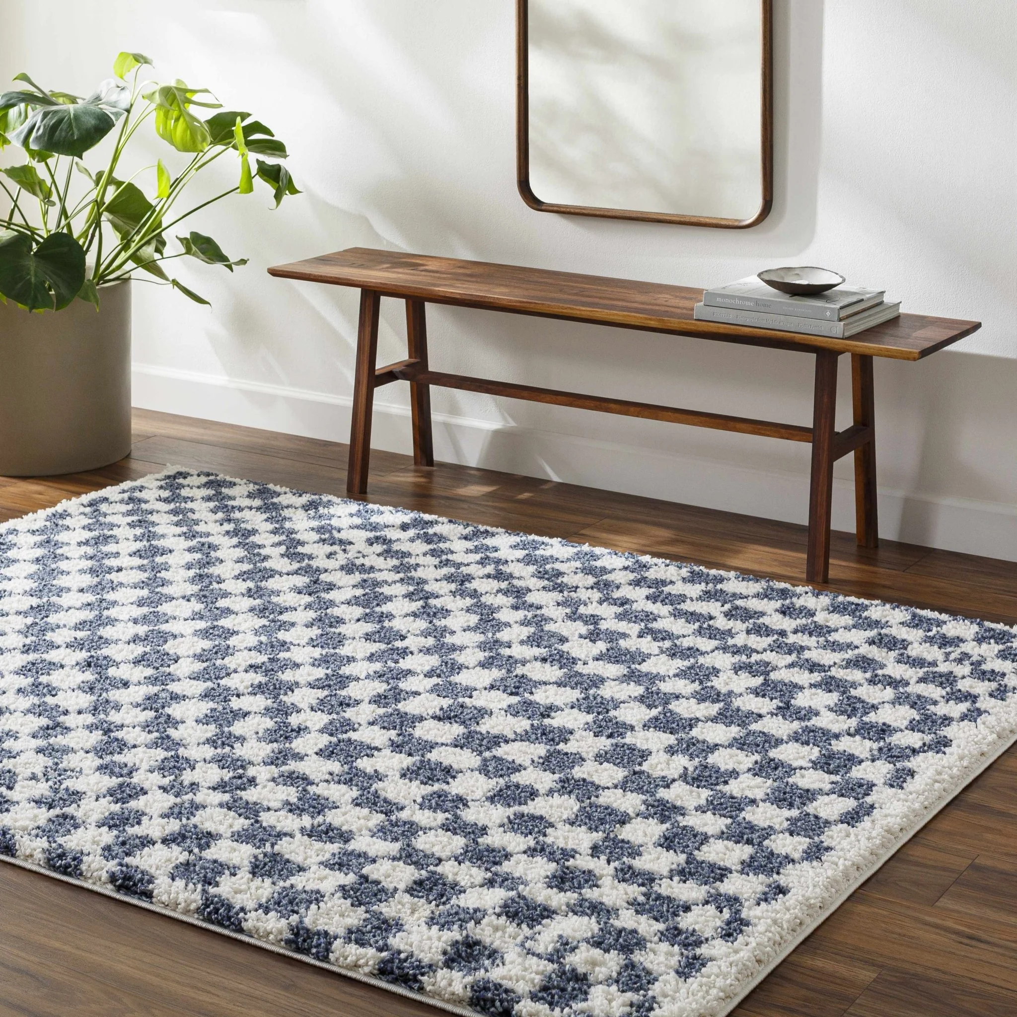 Modern Geometrical Blue and Ivory Checkered Plush Pile Moroccan Style Area Rug - Image 16
