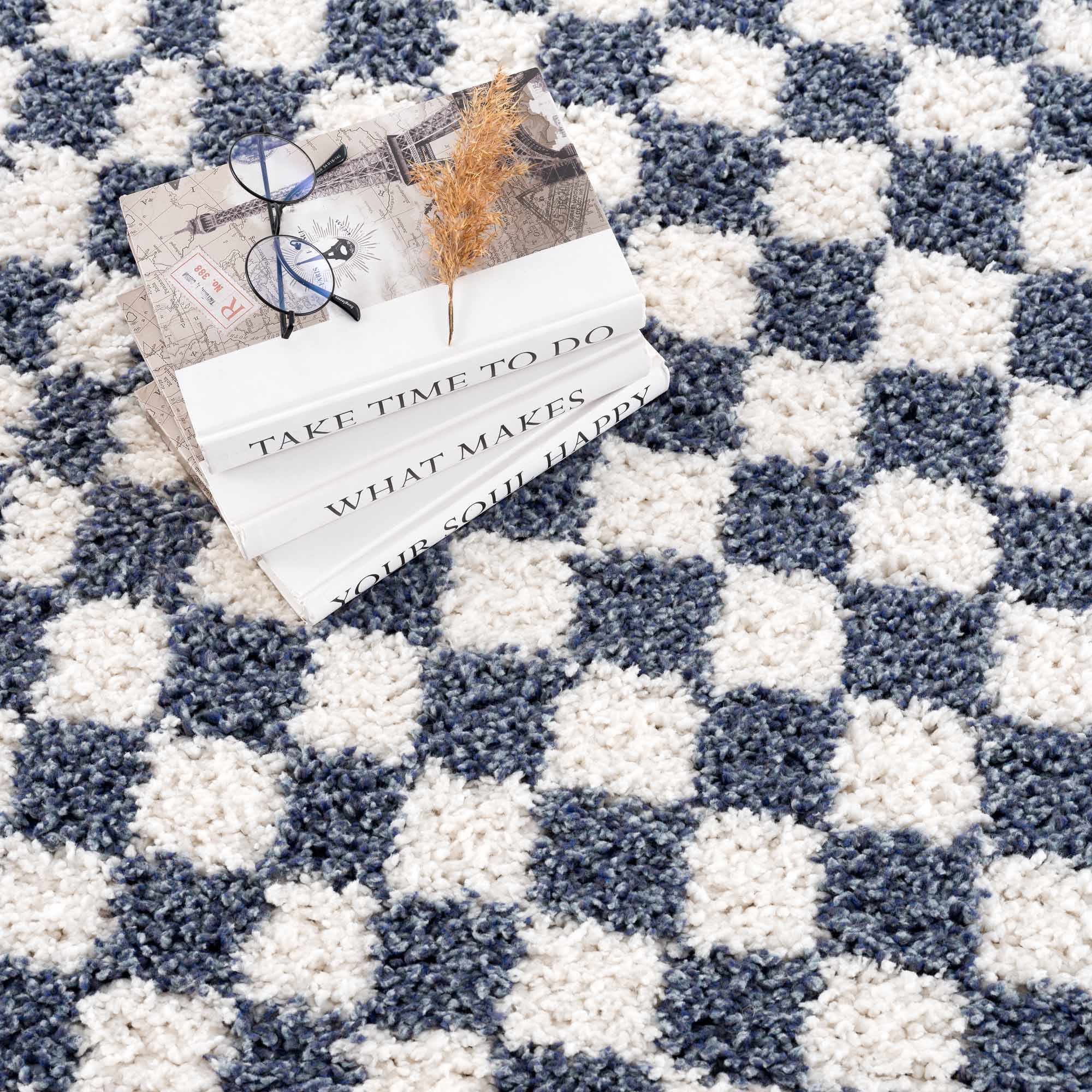 Modern Geometrical Blue and Ivory Checkered Plush Pile Moroccan Style Area Rug - Image 2