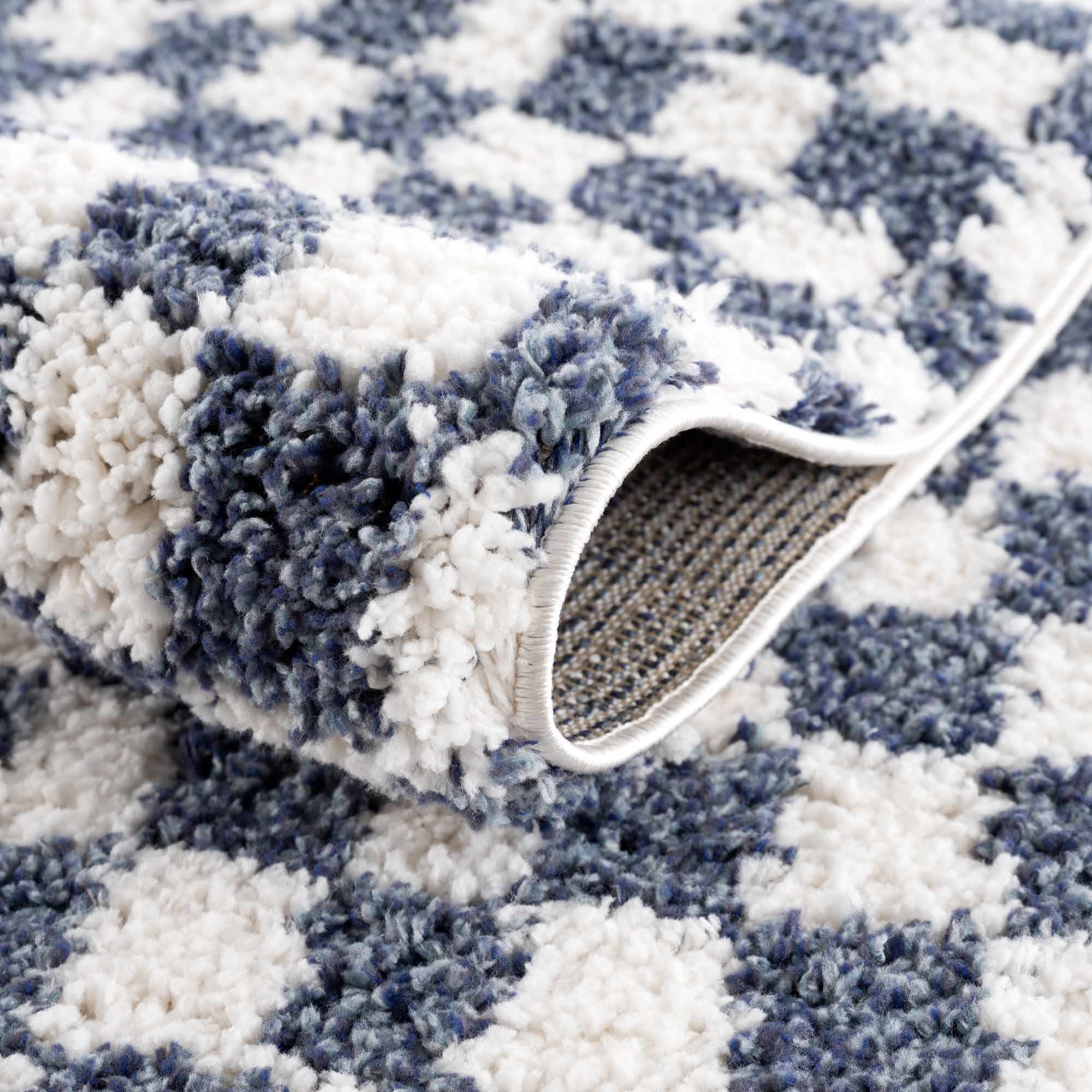 Modern Geometrical Blue and Ivory Checkered Plush Pile Moroccan Style Area Rug - Image 3