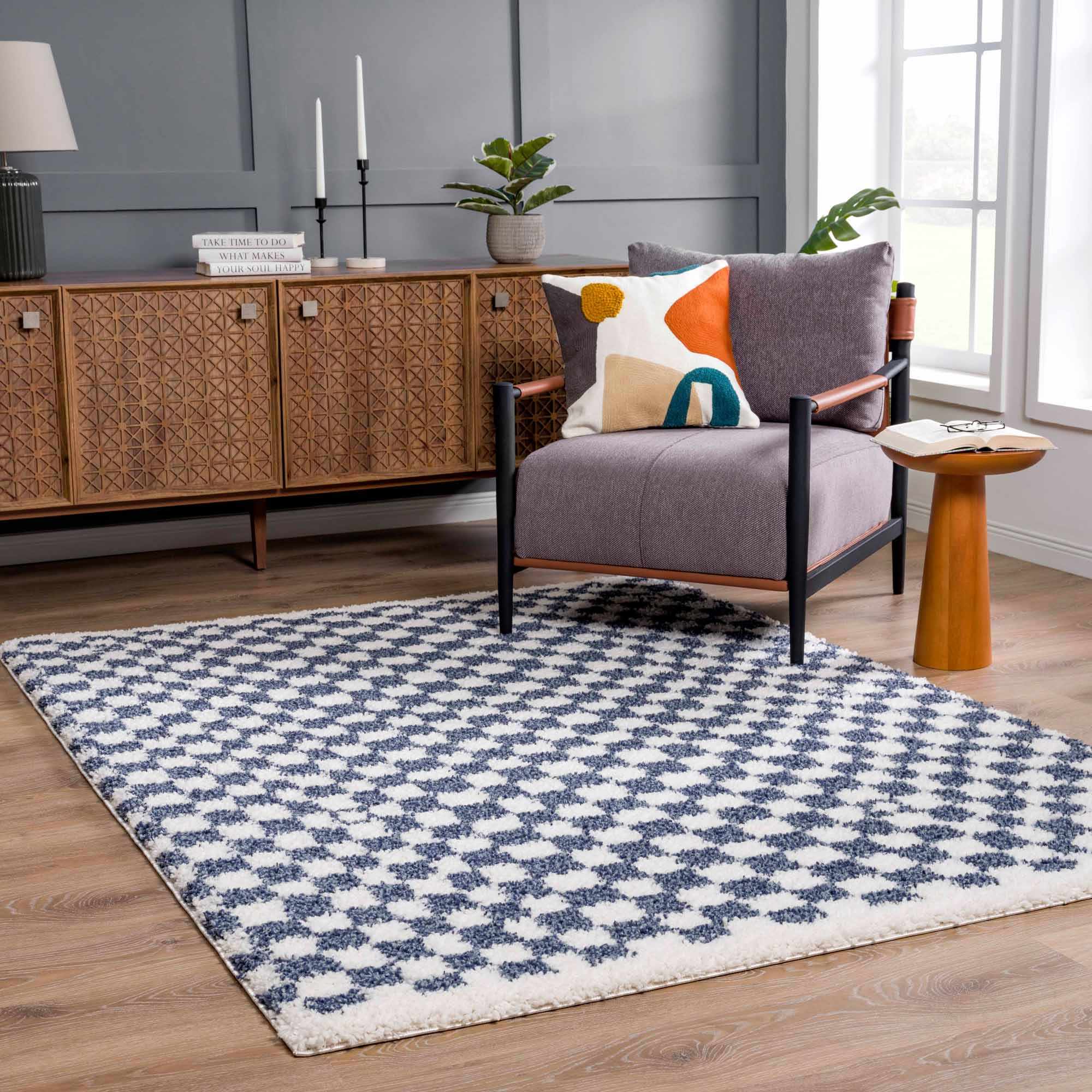 Modern Geometrical Blue and Ivory Checkered Plush Pile Moroccan Style Area Rug - Image 4