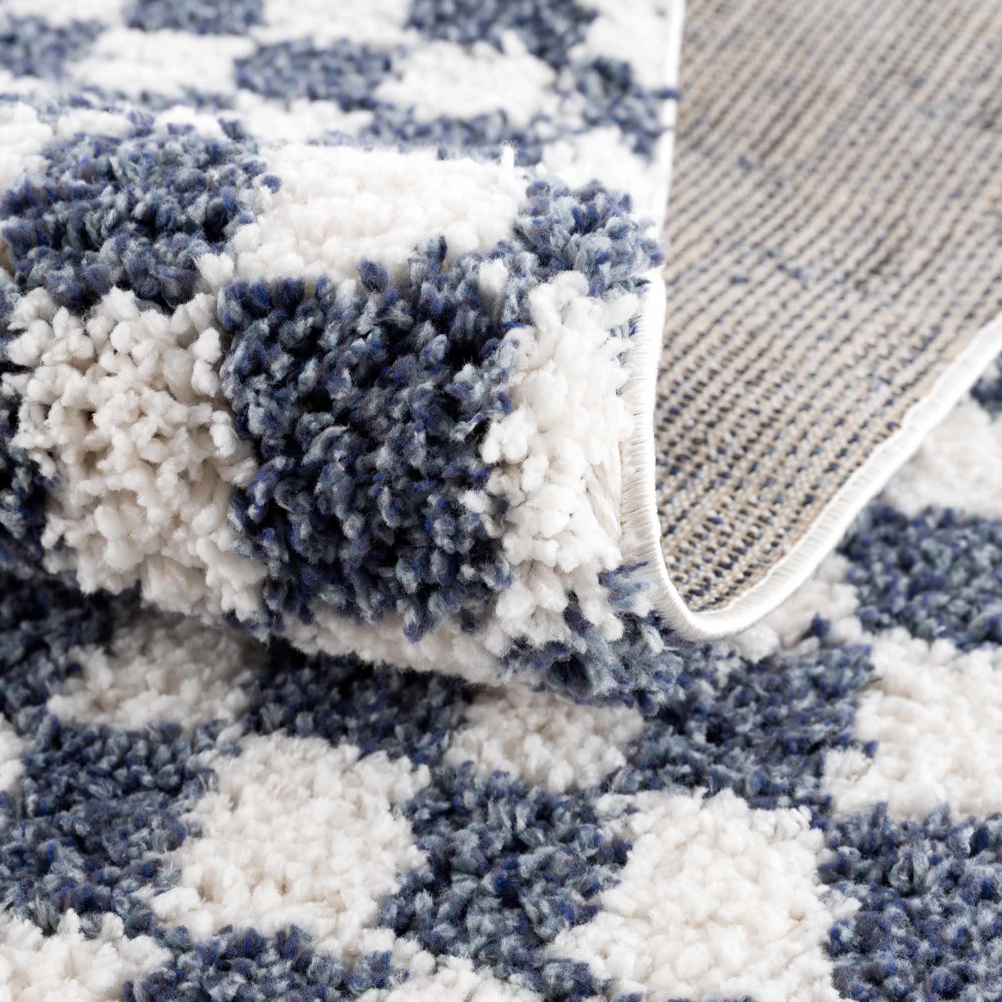 Modern Geometrical Blue and Ivory Checkered Plush Pile Moroccan Style Area Rug - Image 5