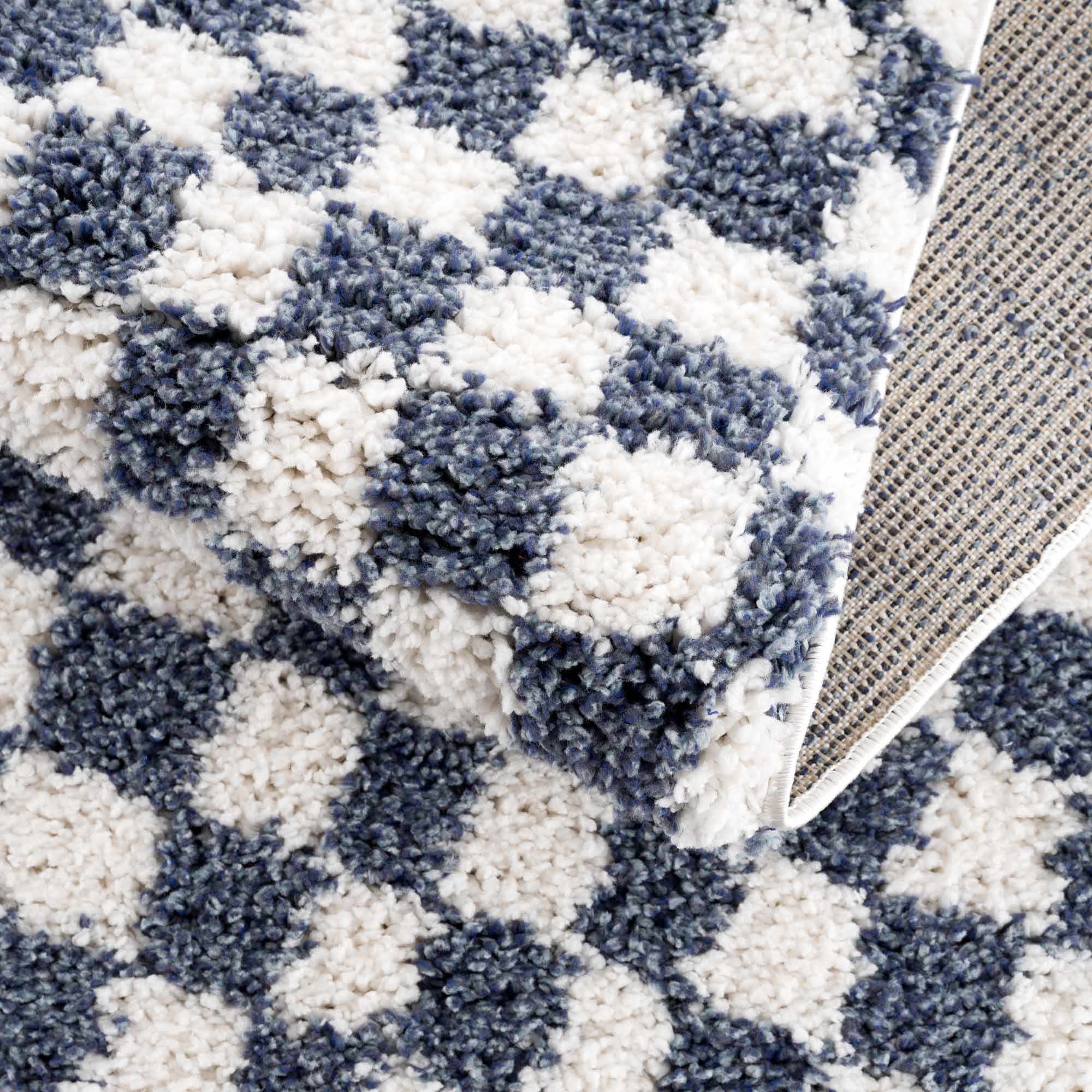 Modern Geometrical Blue and Ivory Checkered Plush Pile Moroccan Style Area Rug - Image 6