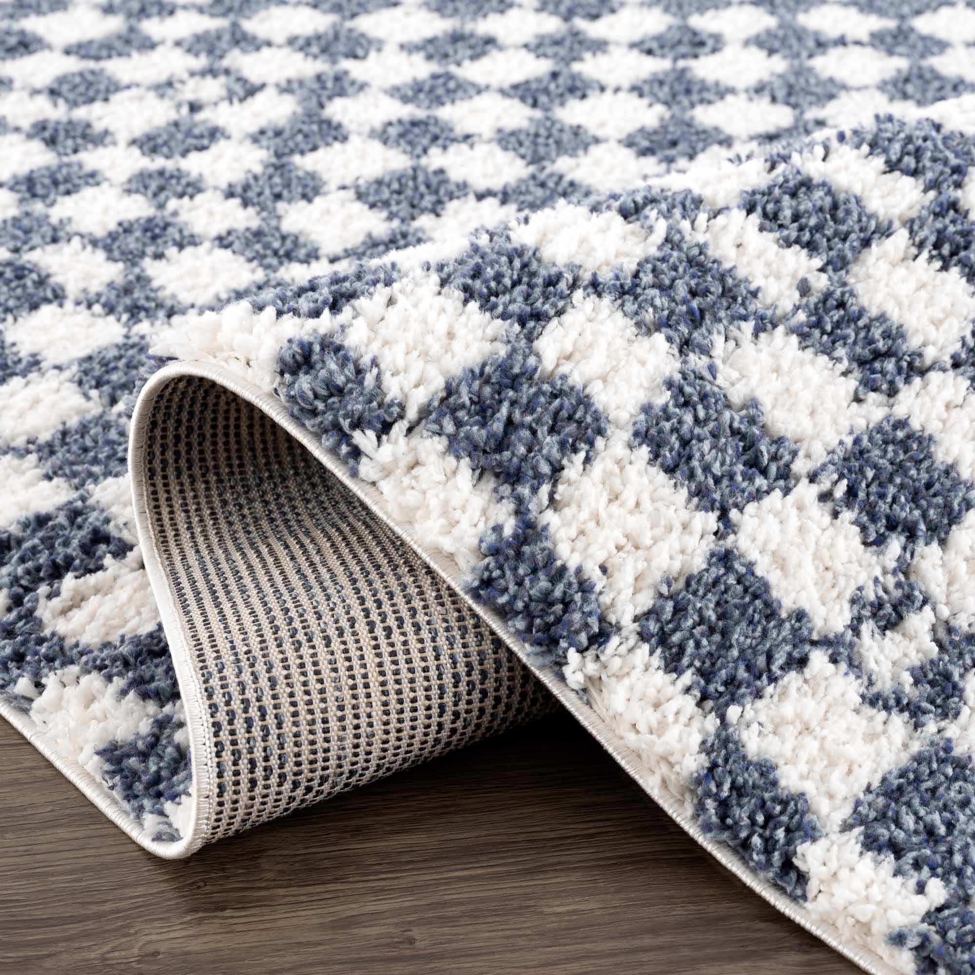 Modern Geometrical Blue and Ivory Checkered Plush Pile Moroccan Style Area Rug - Image 7