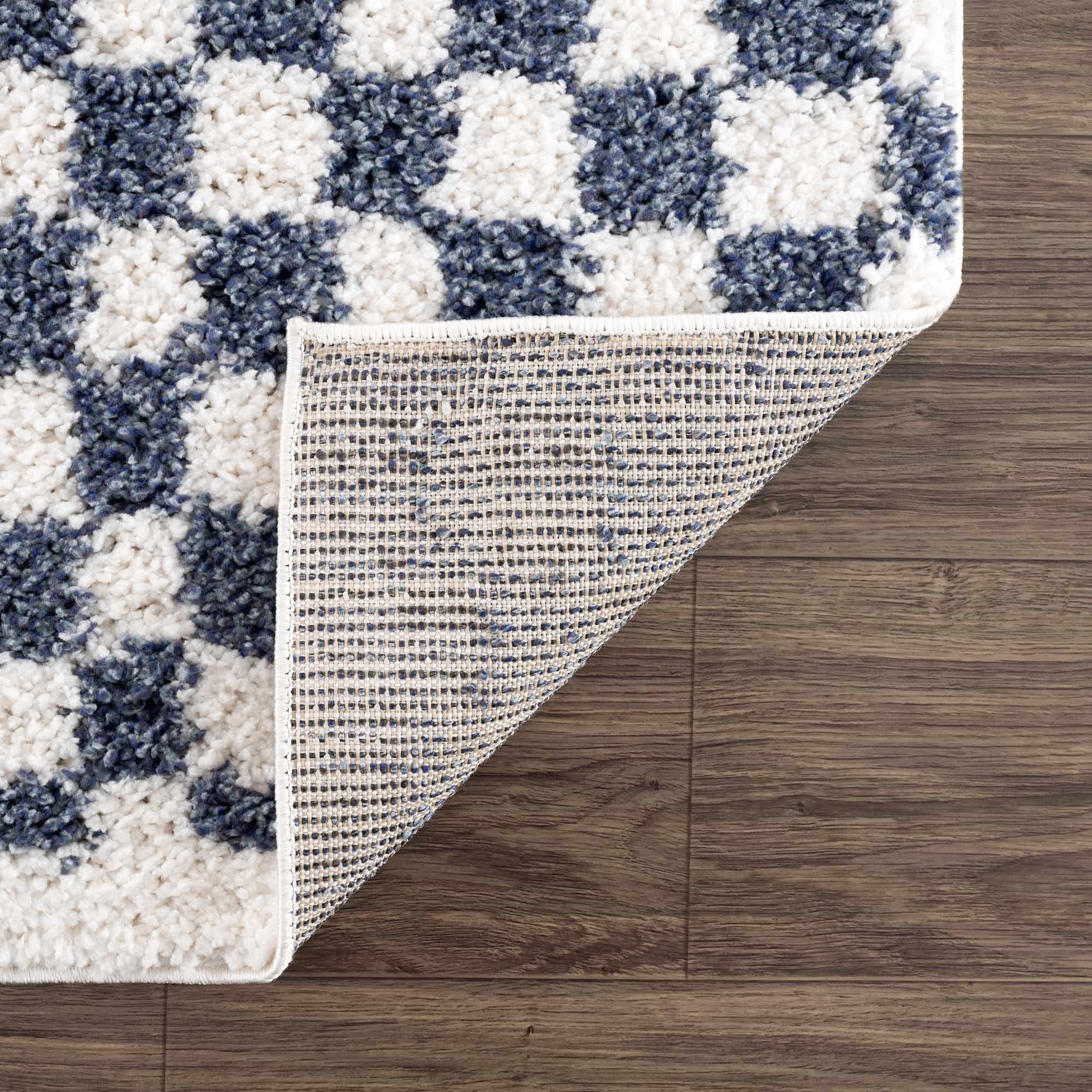 Modern Geometrical Blue and Ivory Checkered Plush Pile Moroccan Style Area Rug - Image 8