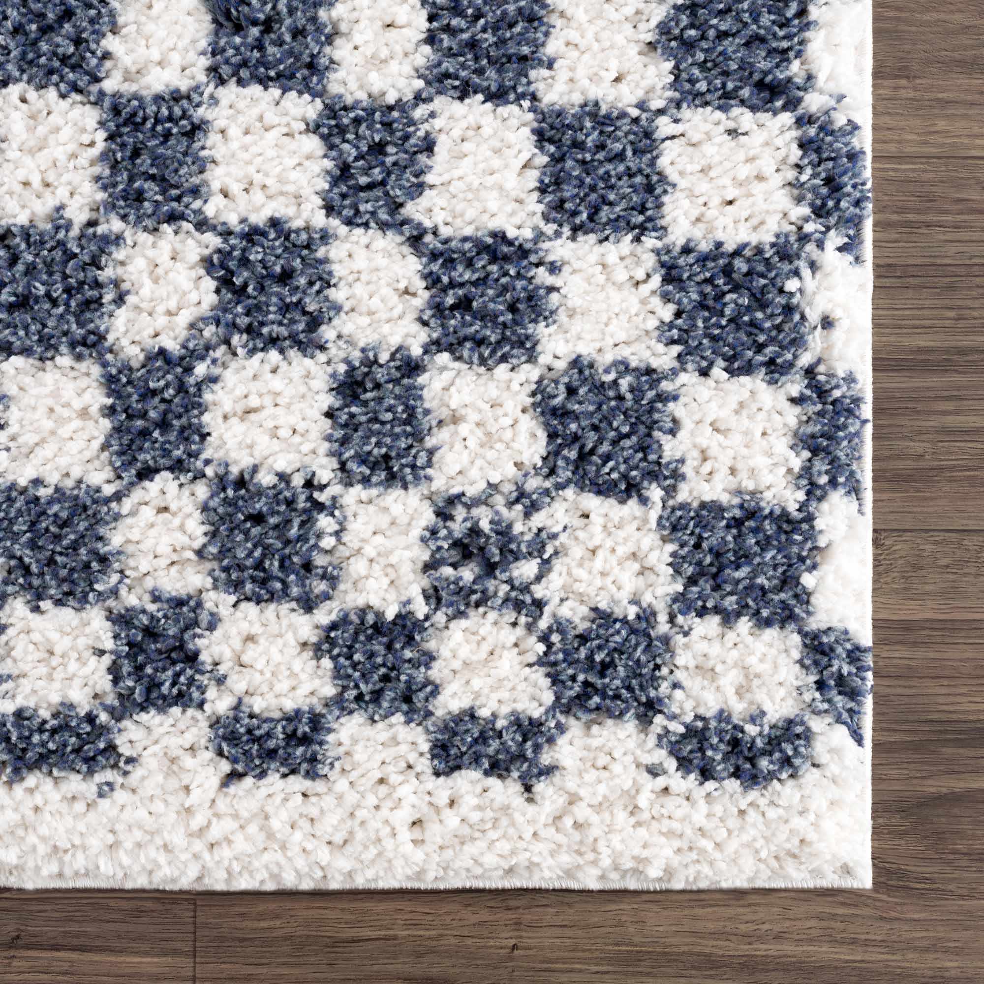 Modern Geometrical Blue and Ivory Checkered Plush Pile Moroccan Style Area Rug - Image 9