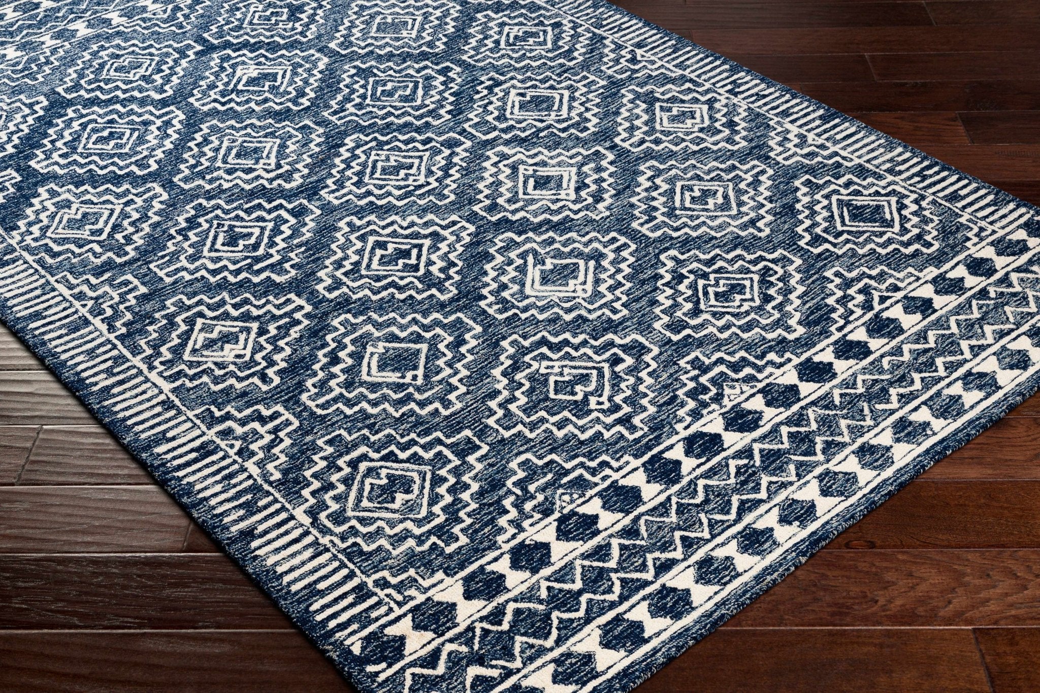 Blue and Ivory Geometrical Design Hand Tufted Wool Area Rug - Image 10