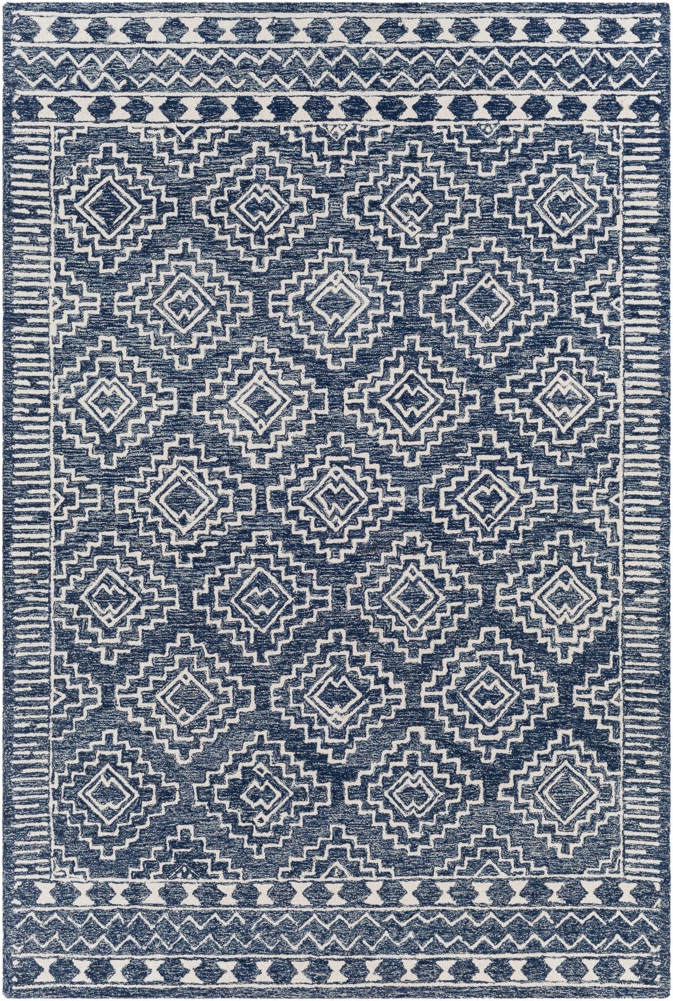 Blue and Ivory Geometrical Design Hand Tufted Wool Area Rug - Image 13