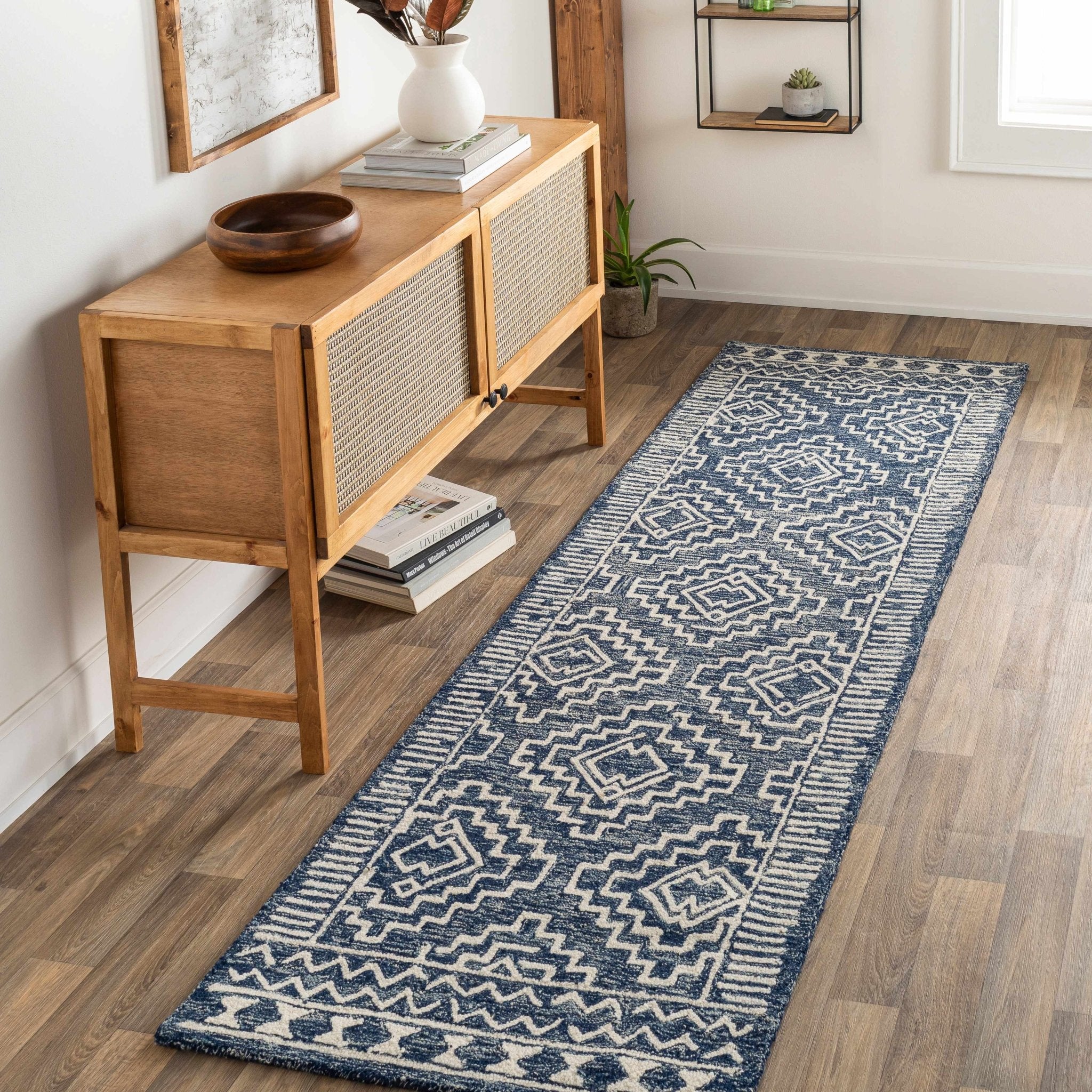 Blue and Ivory Geometrical Design Hand Tufted Wool Area Rug - Image 2
