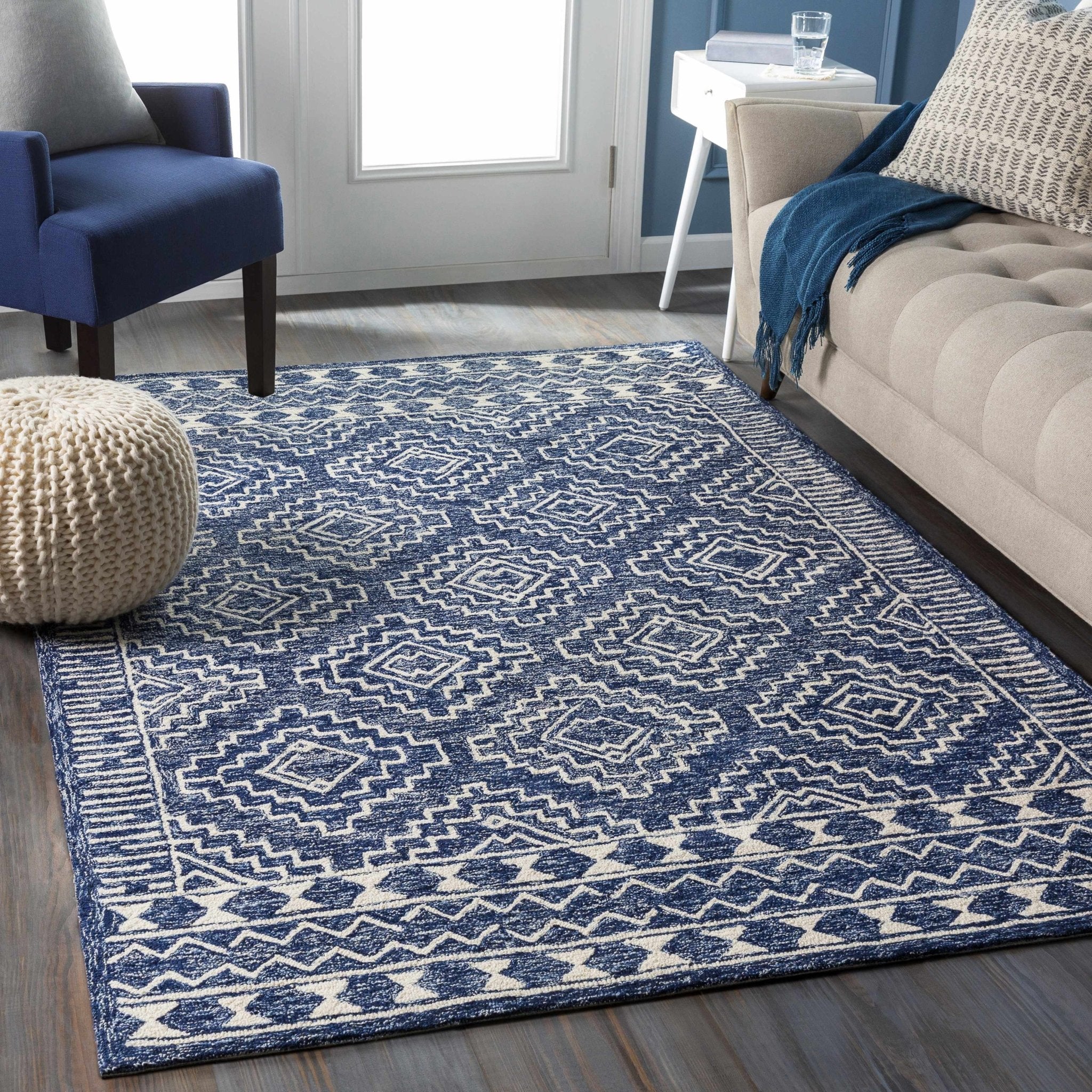 Blue and Ivory Geometrical Design Hand Tufted Wool Area Rug - Image 3