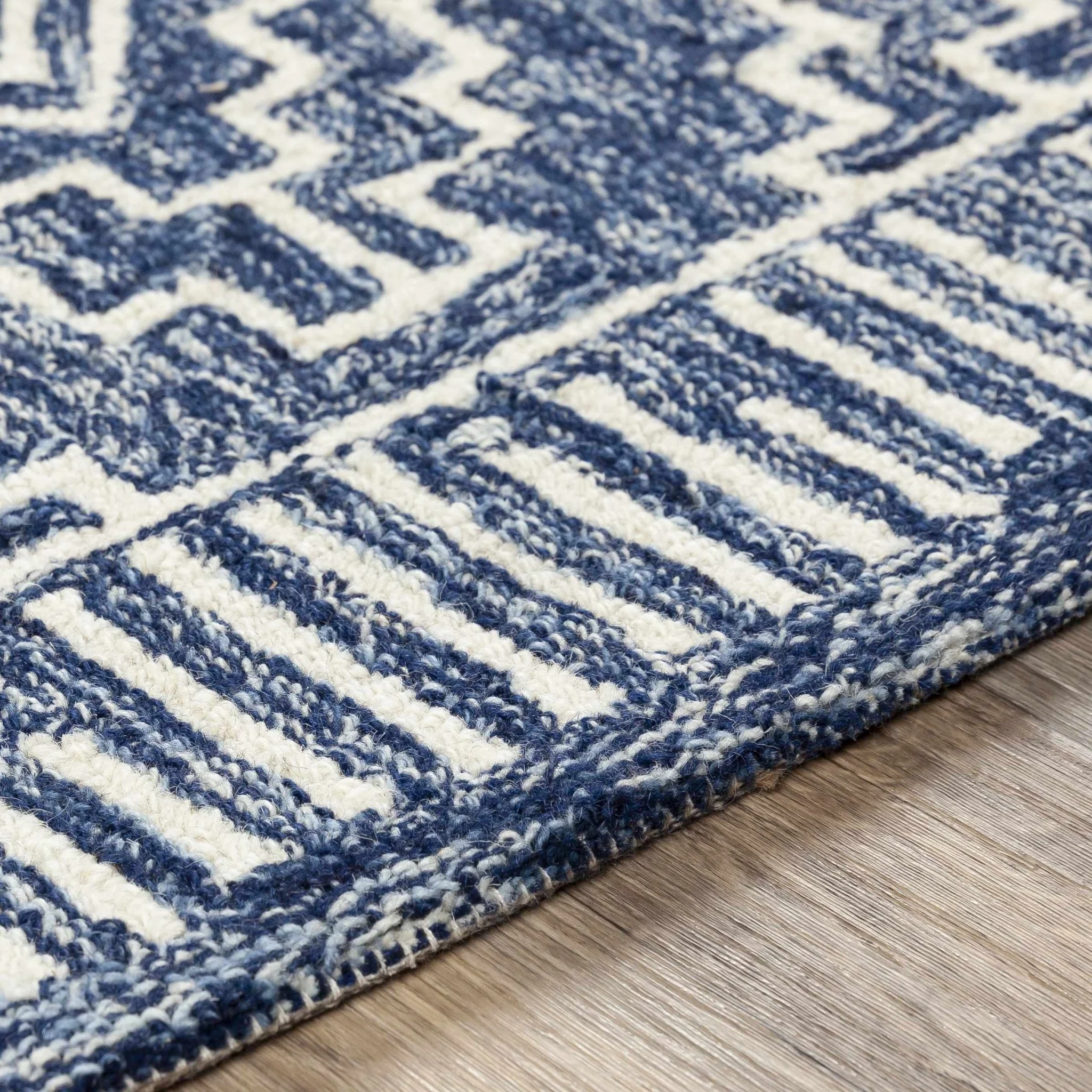 Blue and Ivory Geometrical Design Hand Tufted Wool Area Rug - Image 5