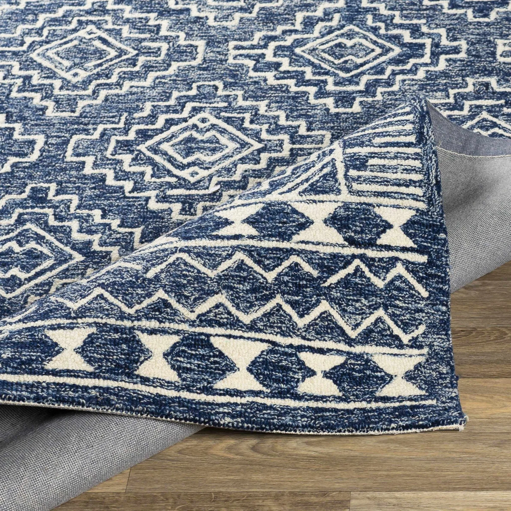 Blue and Ivory Geometrical Design Hand Tufted Wool Area Rug - Image 6