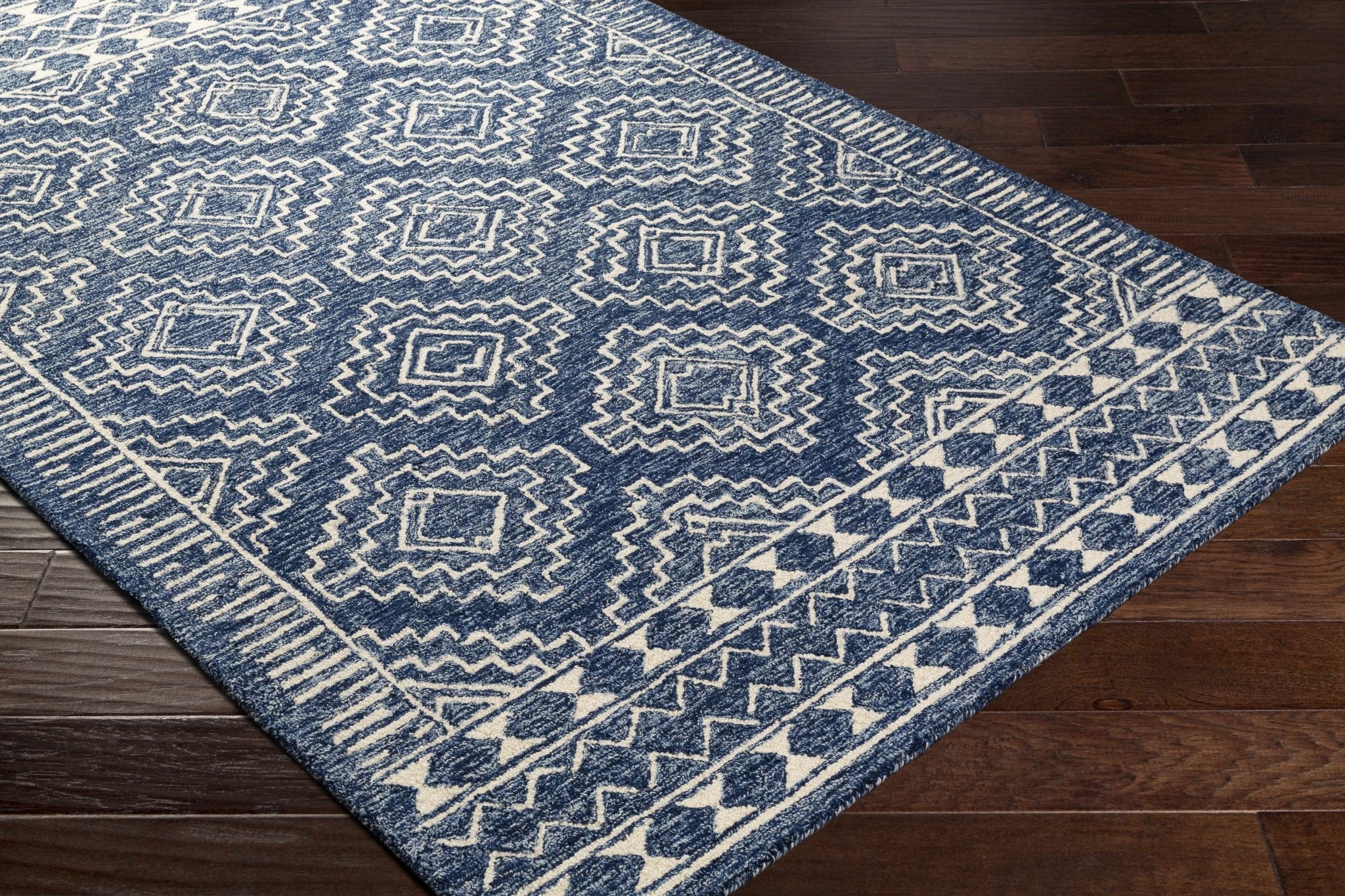 Blue and Ivory Geometrical Design Hand Tufted Wool Area Rug - Image 7