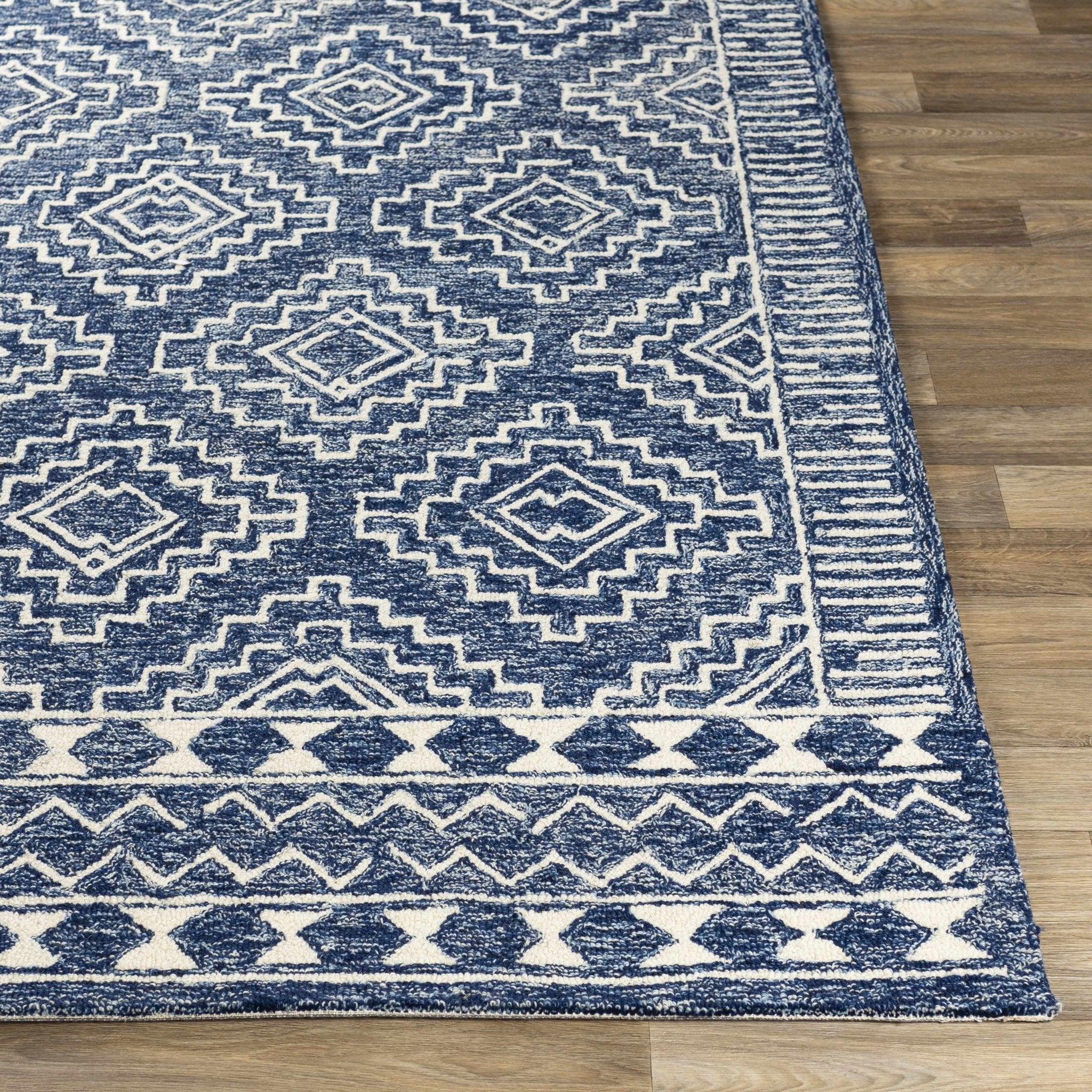 Blue and Ivory Geometrical Design Hand Tufted Wool Area Rug - Image 8