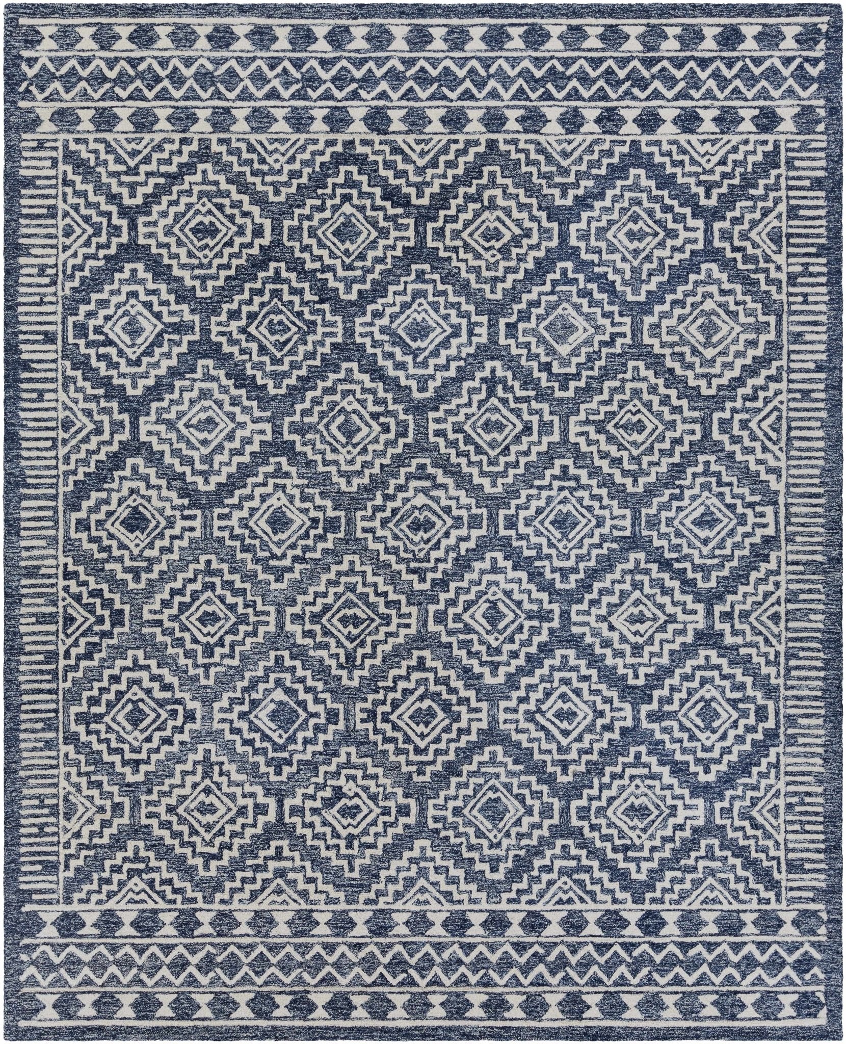 Blue and Ivory Geometrical Design Hand Tufted Wool Area Rug - Image 9