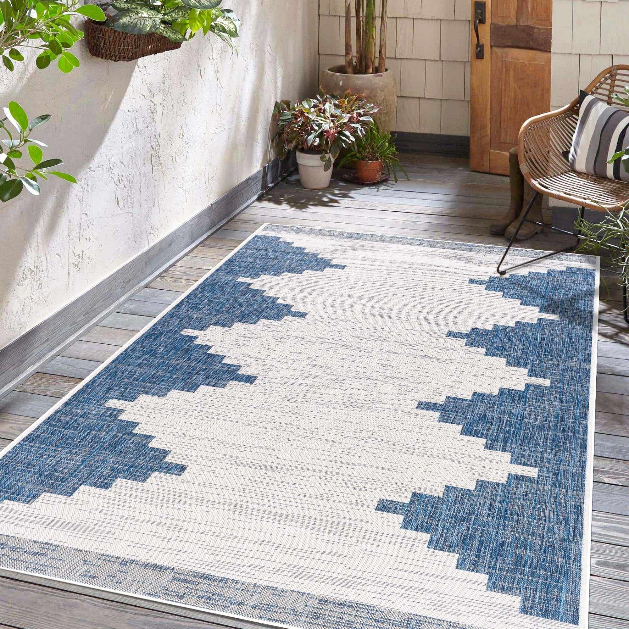 Blue and Ivory Geometrical Indoor and Outdoor Multi Size Washable Area Rug - Image 3