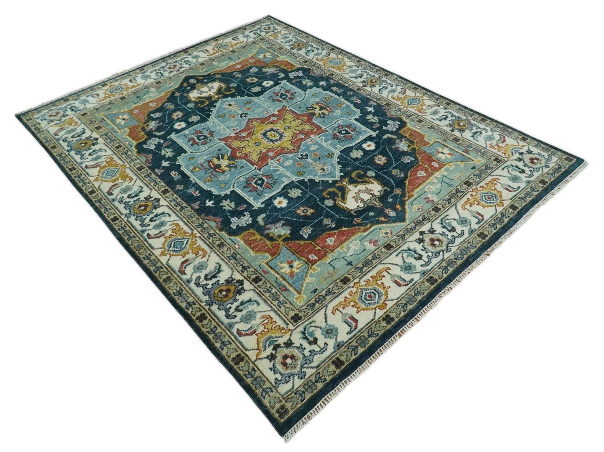 Custom Made Blue and Ivory Hand Knotted Modern Turkish Medallion Design Wool Area Rug - Image 10