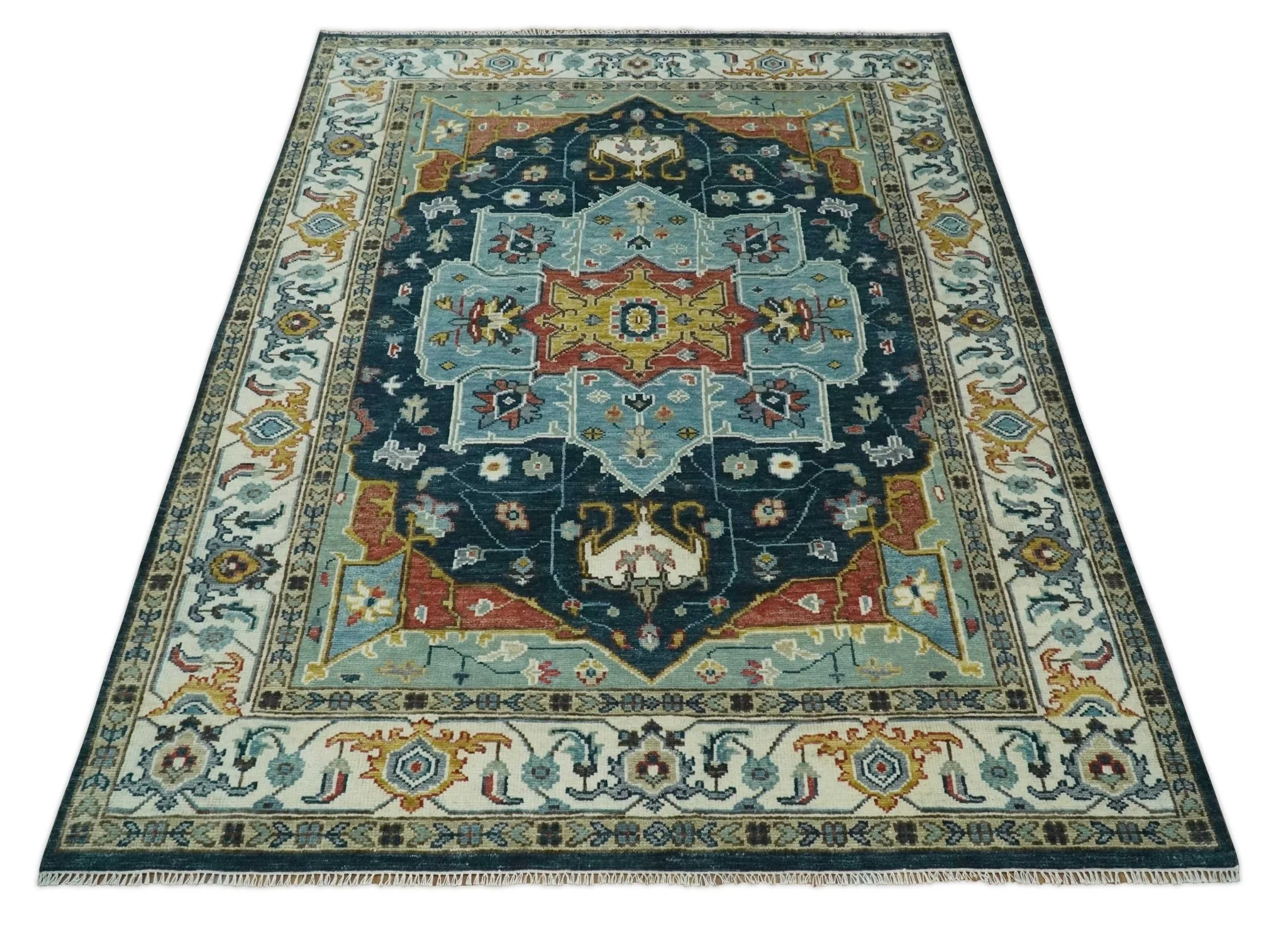 Custom Made Blue and Ivory Hand Knotted Modern Turkish Medallion Design Wool Area Rug - Image 11