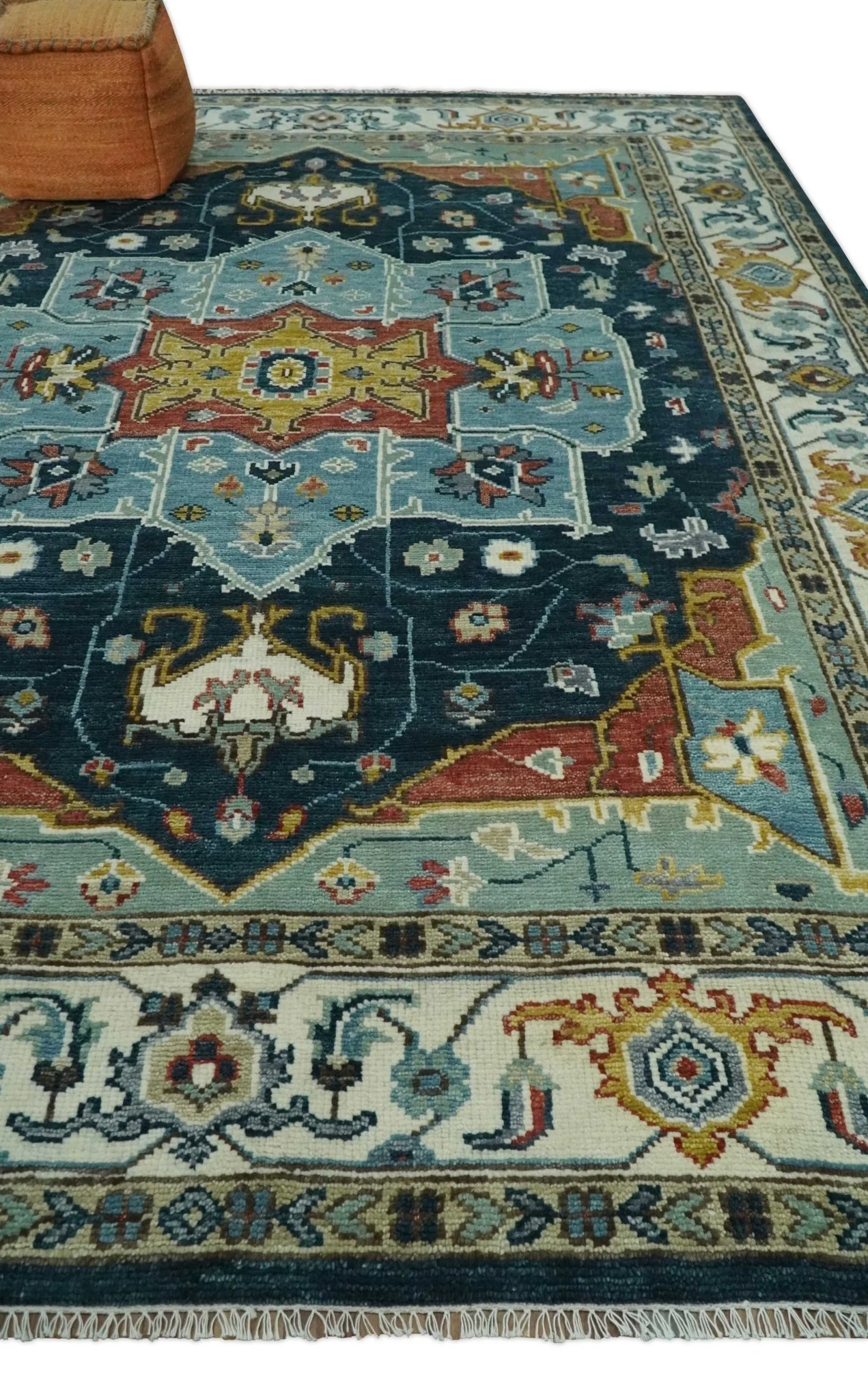 Custom Made Blue and Ivory Hand Knotted Modern Turkish Medallion Design Wool Area Rug - Image 3