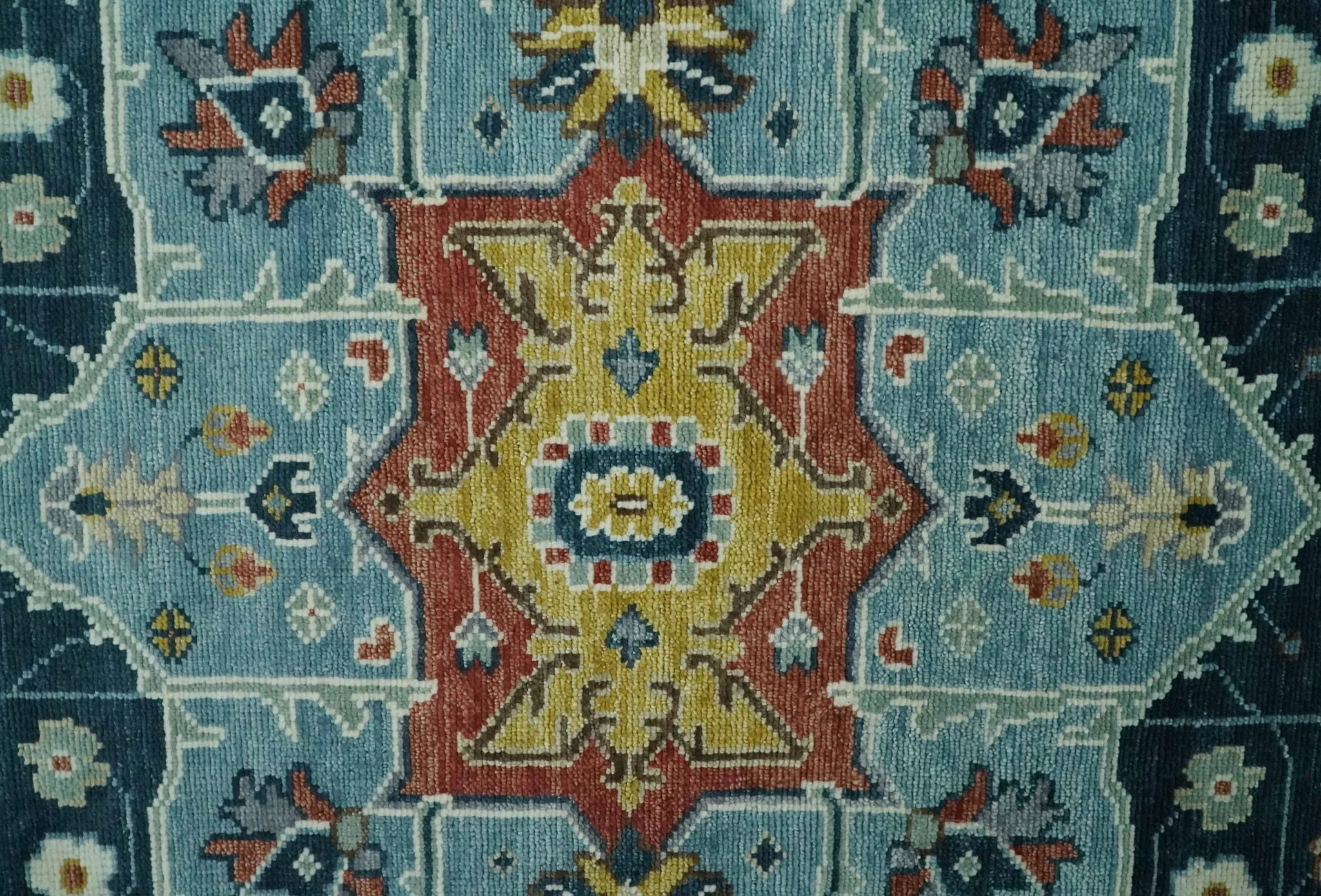 Custom Made Blue and Ivory Hand Knotted Modern Turkish Medallion Design Wool Area Rug - Image 7