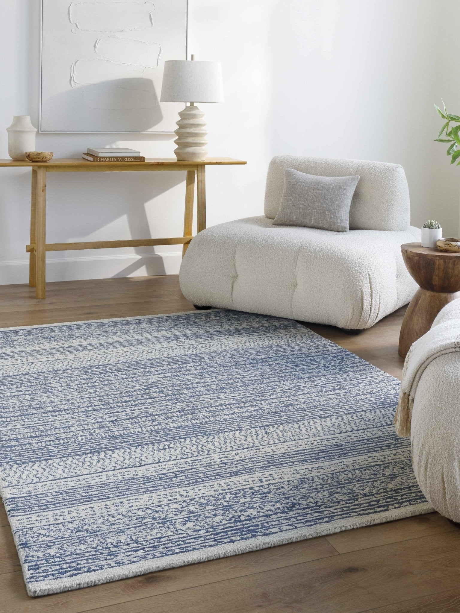 Tribal Design Blue and Ivory Hand Tufted Stripes design multi Size wool area Rug - Image 16