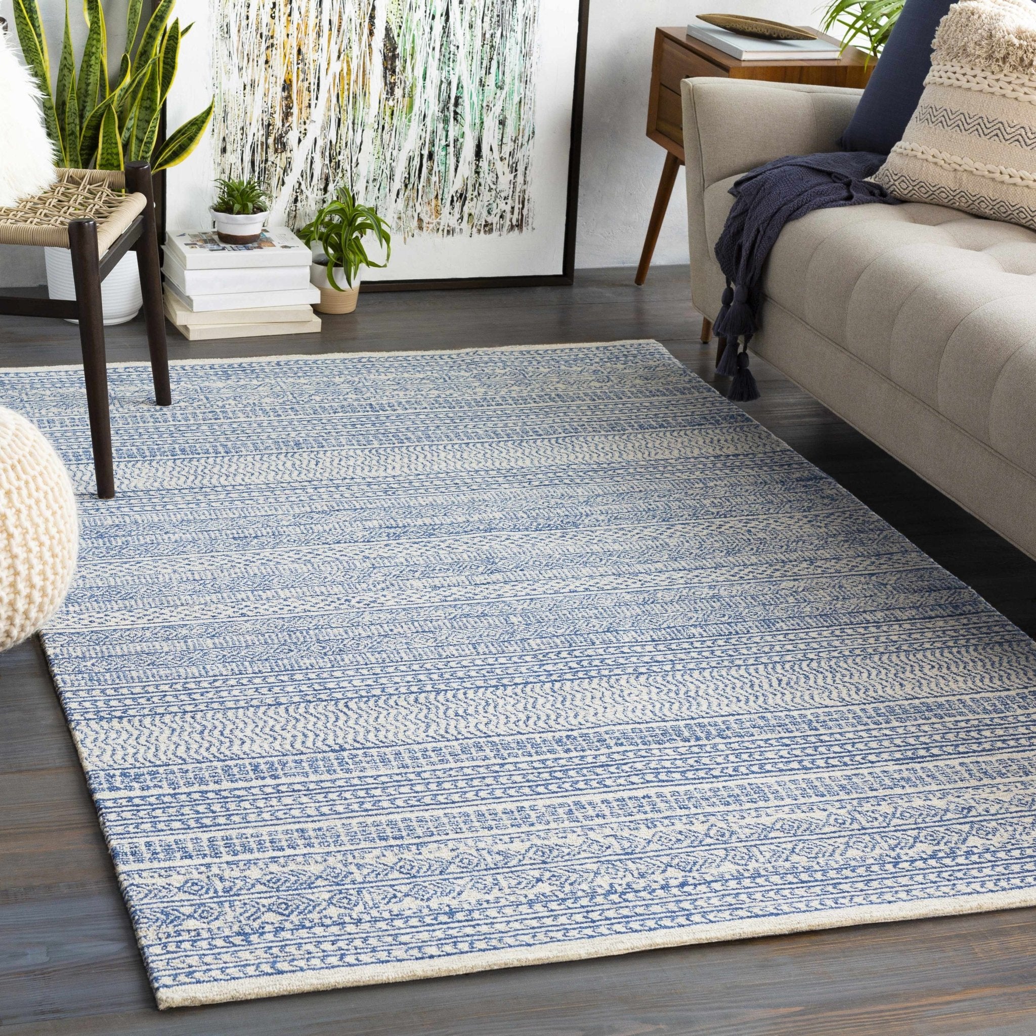 Tribal Design Blue and Ivory Hand Tufted Stripes design multi Size wool area Rug - Image 2