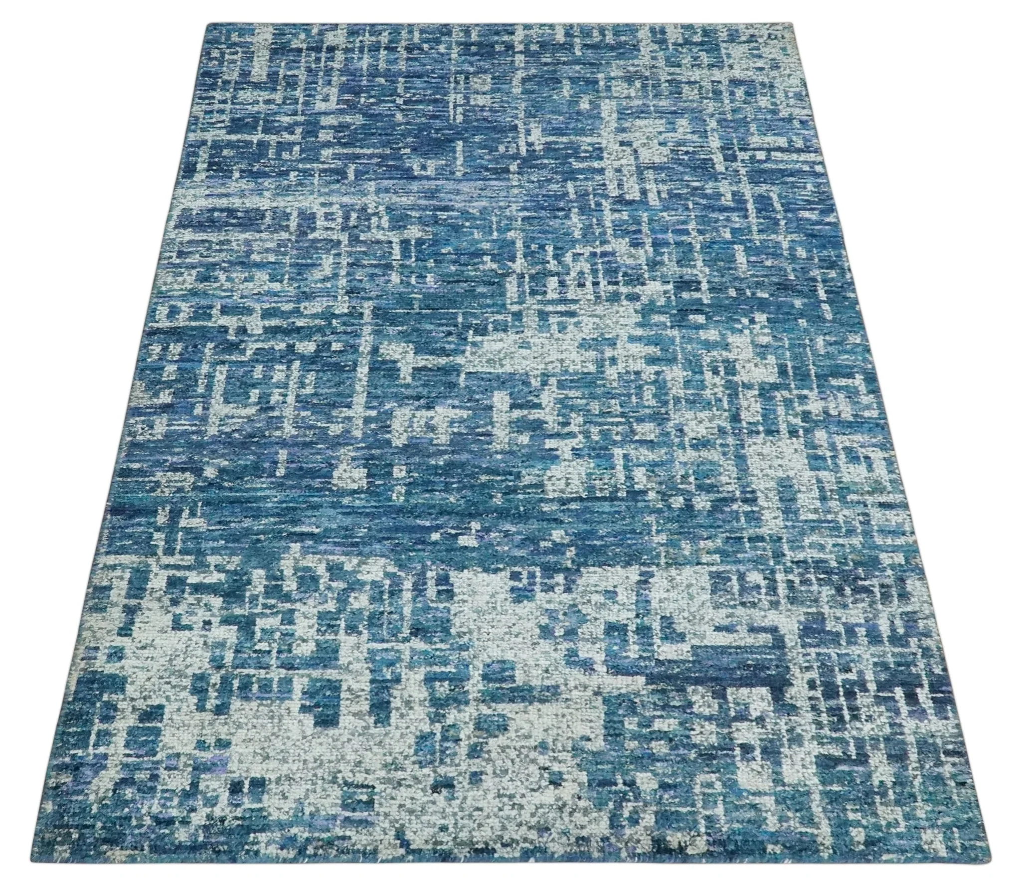 Hand Knotted Blue and Ivory Modern Abstract Contemporary Recycled Silk Area Rug - Image 10