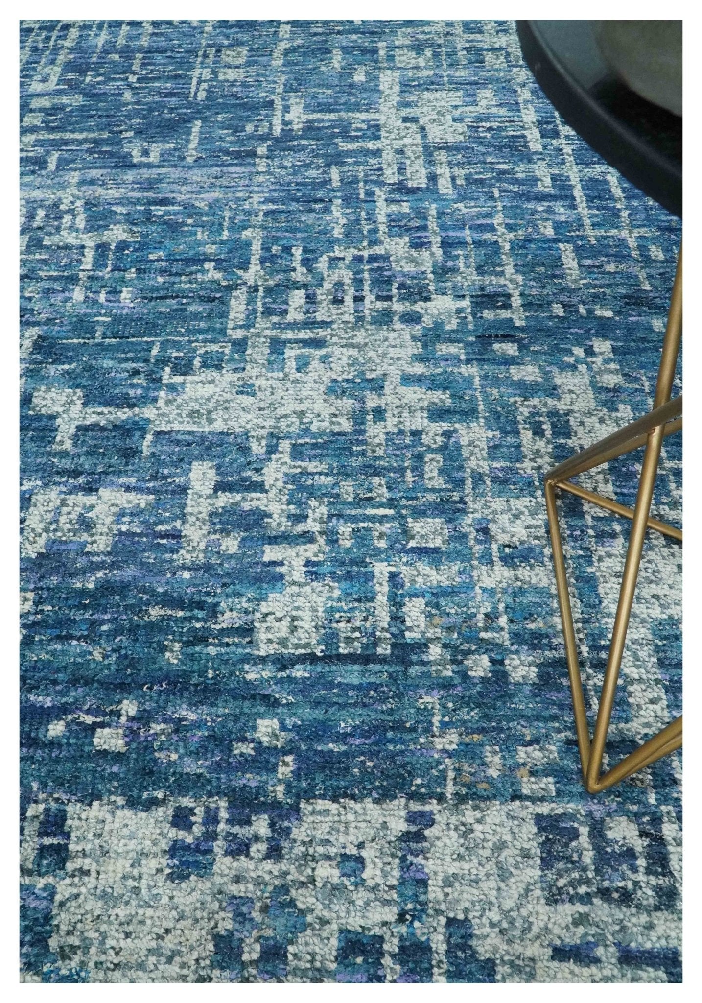 Hand Knotted Blue and Ivory Modern Abstract Contemporary Recycled Silk Area Rug - Image 2