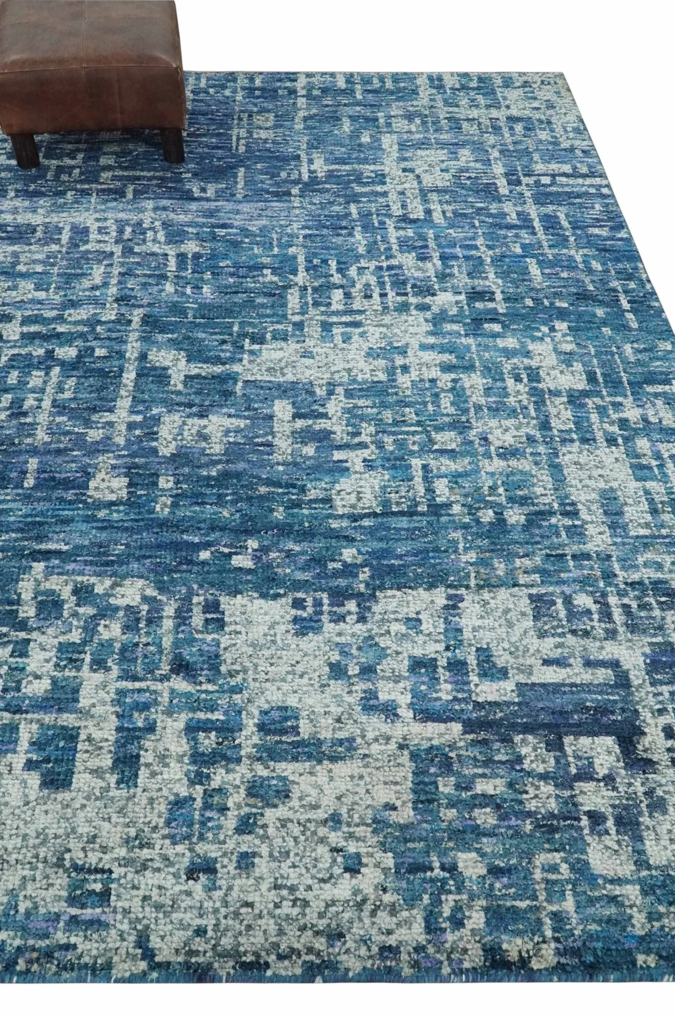 Hand Knotted Blue and Ivory Modern Abstract Contemporary Recycled Silk Area Rug - Image 3