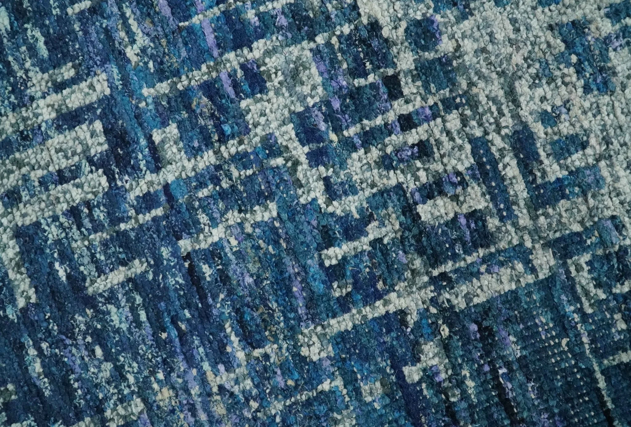 Hand Knotted Blue and Ivory Modern Abstract Contemporary Recycled Silk Area Rug - Image 4