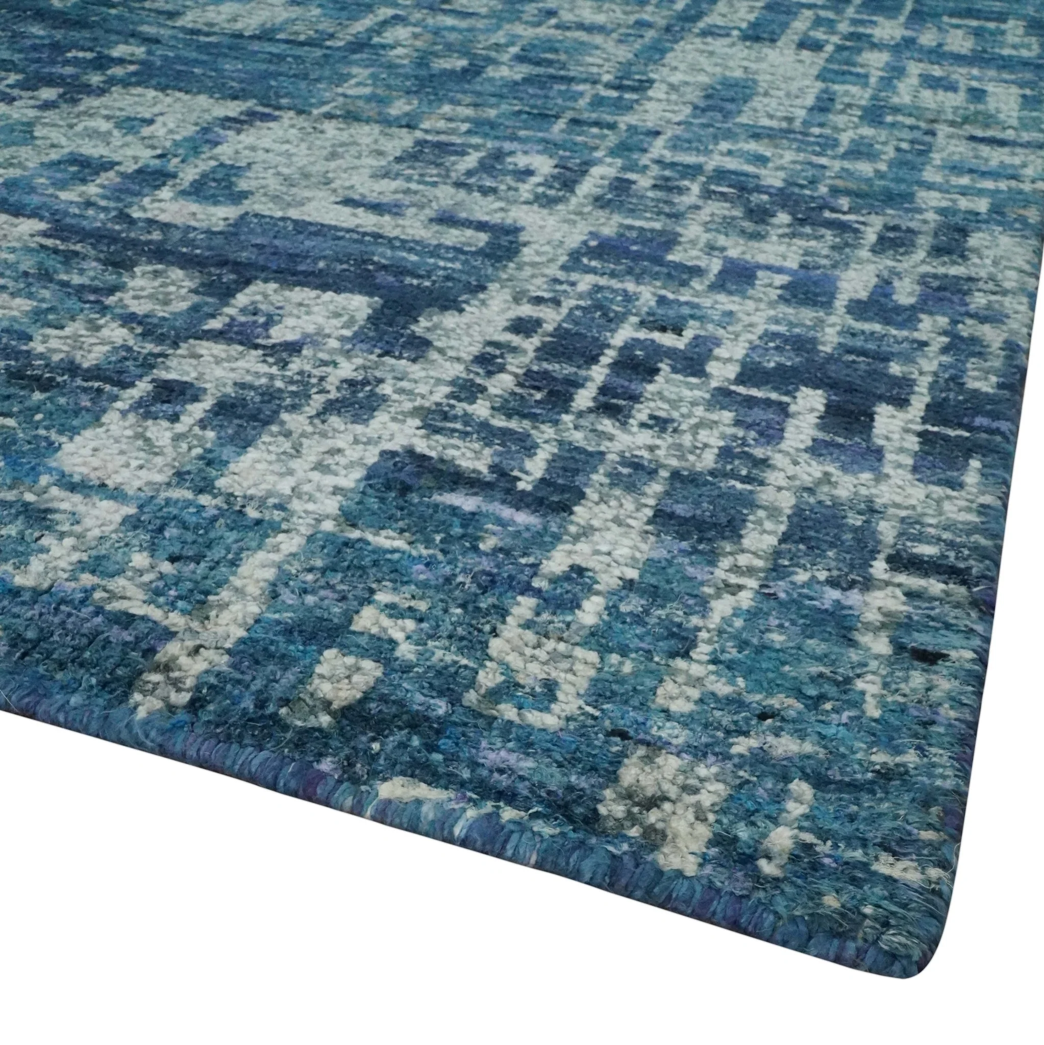 Hand Knotted Blue and Ivory Modern Abstract Contemporary Recycled Silk Area Rug - Image 5