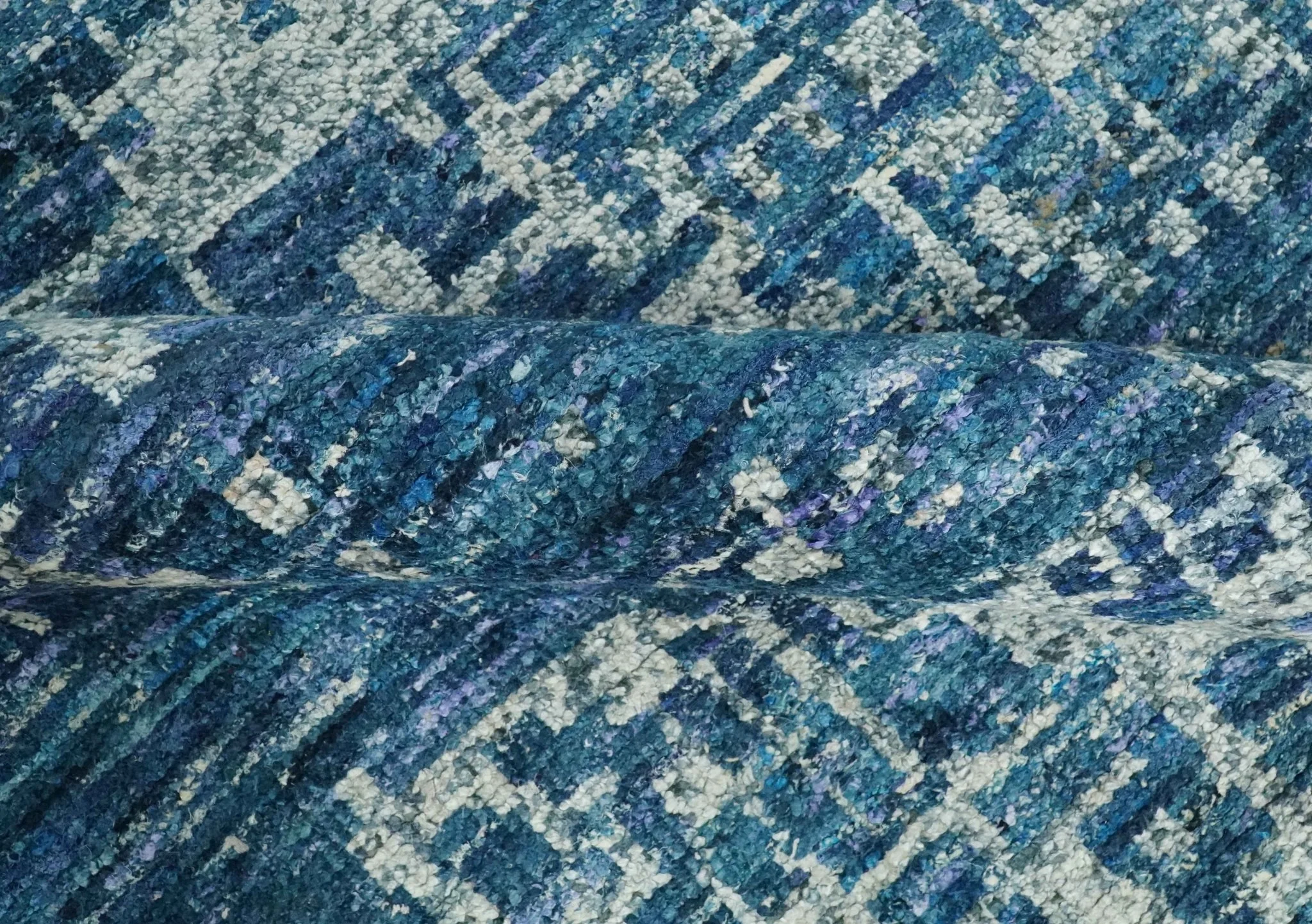 Hand Knotted Blue and Ivory Modern Abstract Contemporary Recycled Silk Area Rug - Image 6