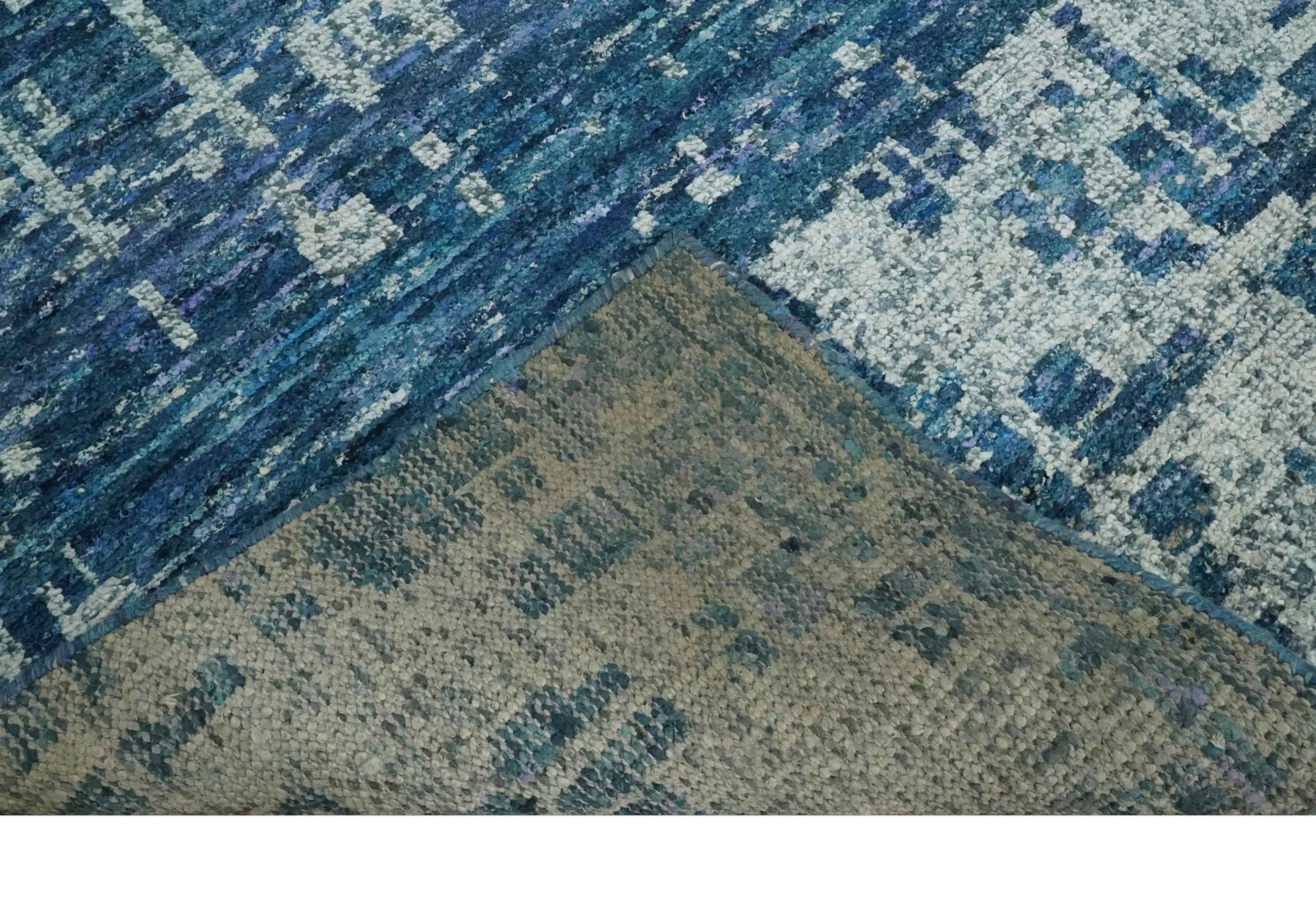 Hand Knotted Blue and Ivory Modern Abstract Contemporary Recycled Silk Area Rug - Image 7