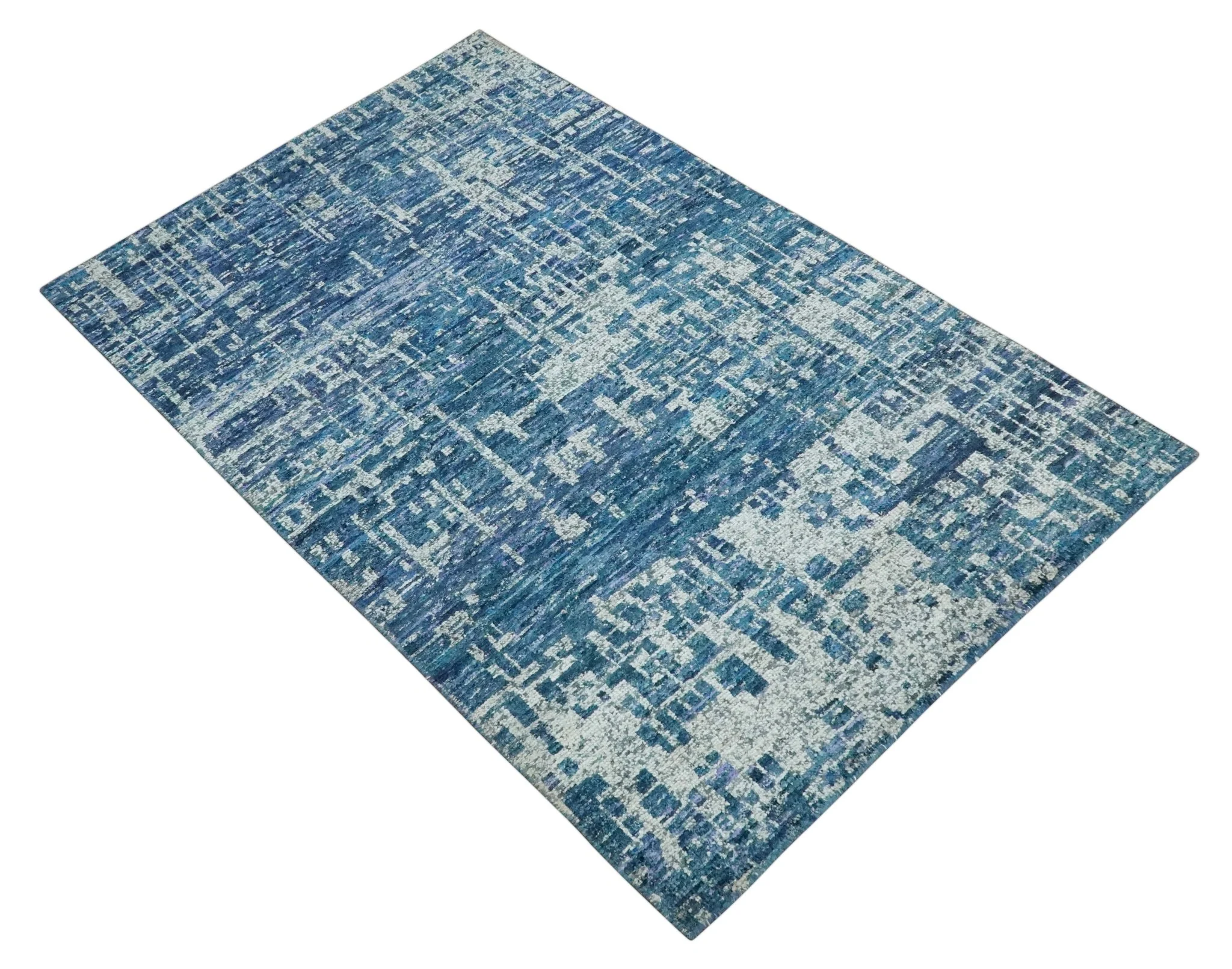 Hand Knotted Blue and Ivory Modern Abstract Contemporary Recycled Silk Area Rug - Image 9
