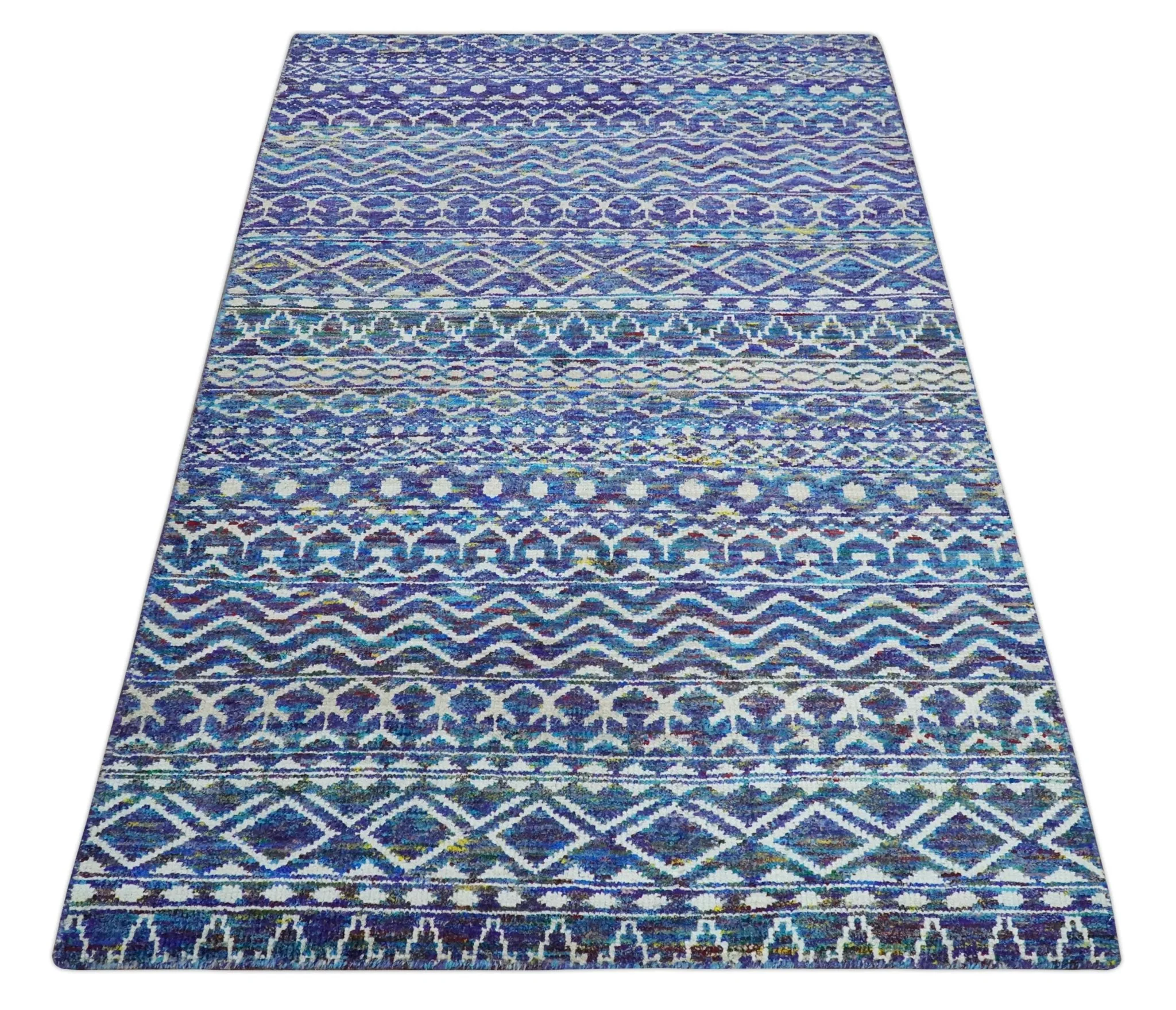 Hand Knotted Blue and Ivory 5.6x8.5 Modern Contemporary Southwestern Tribal Trellis Recycled Art Silk Area Rug - Image 10