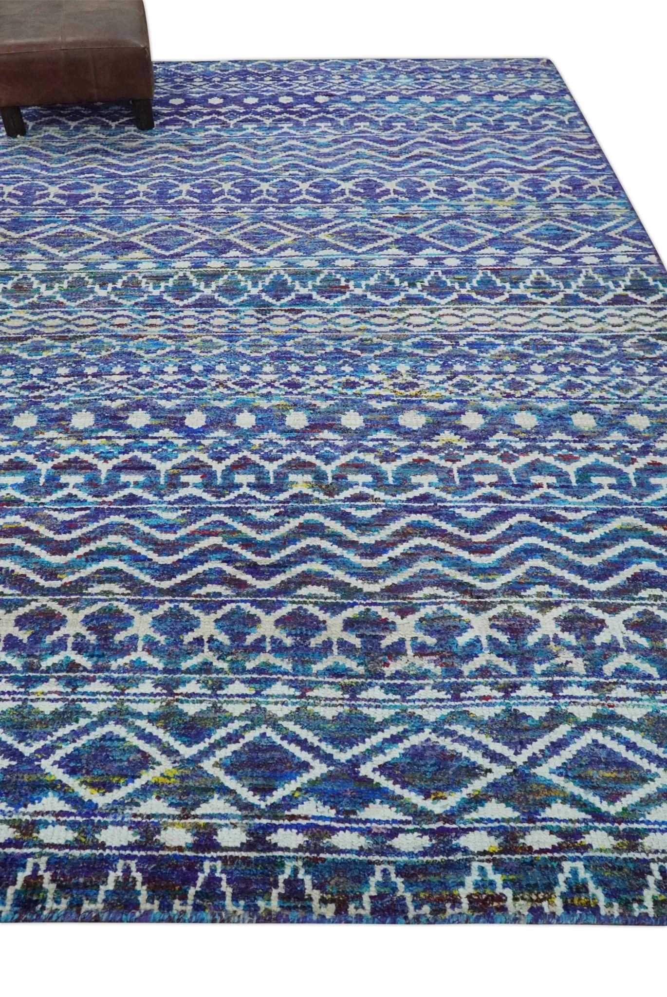 Hand Knotted Blue and Ivory 5.6x8.5 Modern Contemporary Southwestern Tribal Trellis Recycled Art Silk Area Rug - Image 3