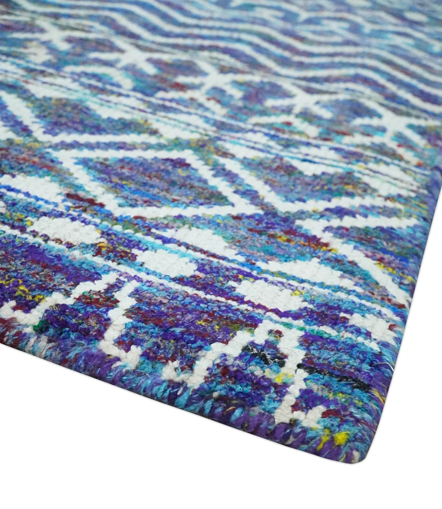 Hand Knotted Blue and Ivory 5.6x8.5 Modern Contemporary Southwestern Tribal Trellis Recycled Art Silk Area Rug - Image 5