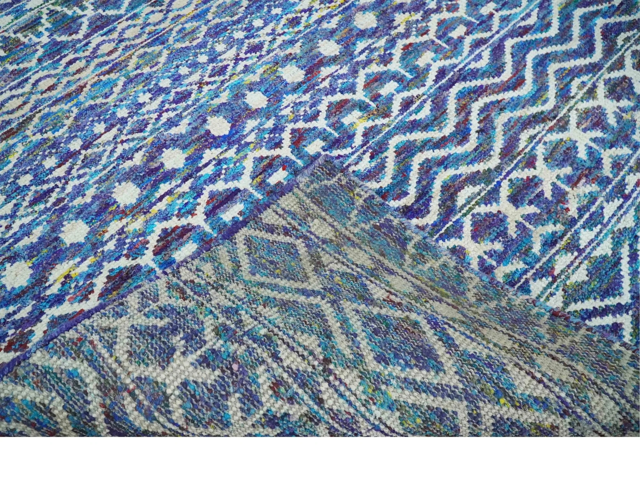 Hand Knotted Blue and Ivory 5.6x8.5 Modern Contemporary Southwestern Tribal Trellis Recycled Art Silk Area Rug - Image 6