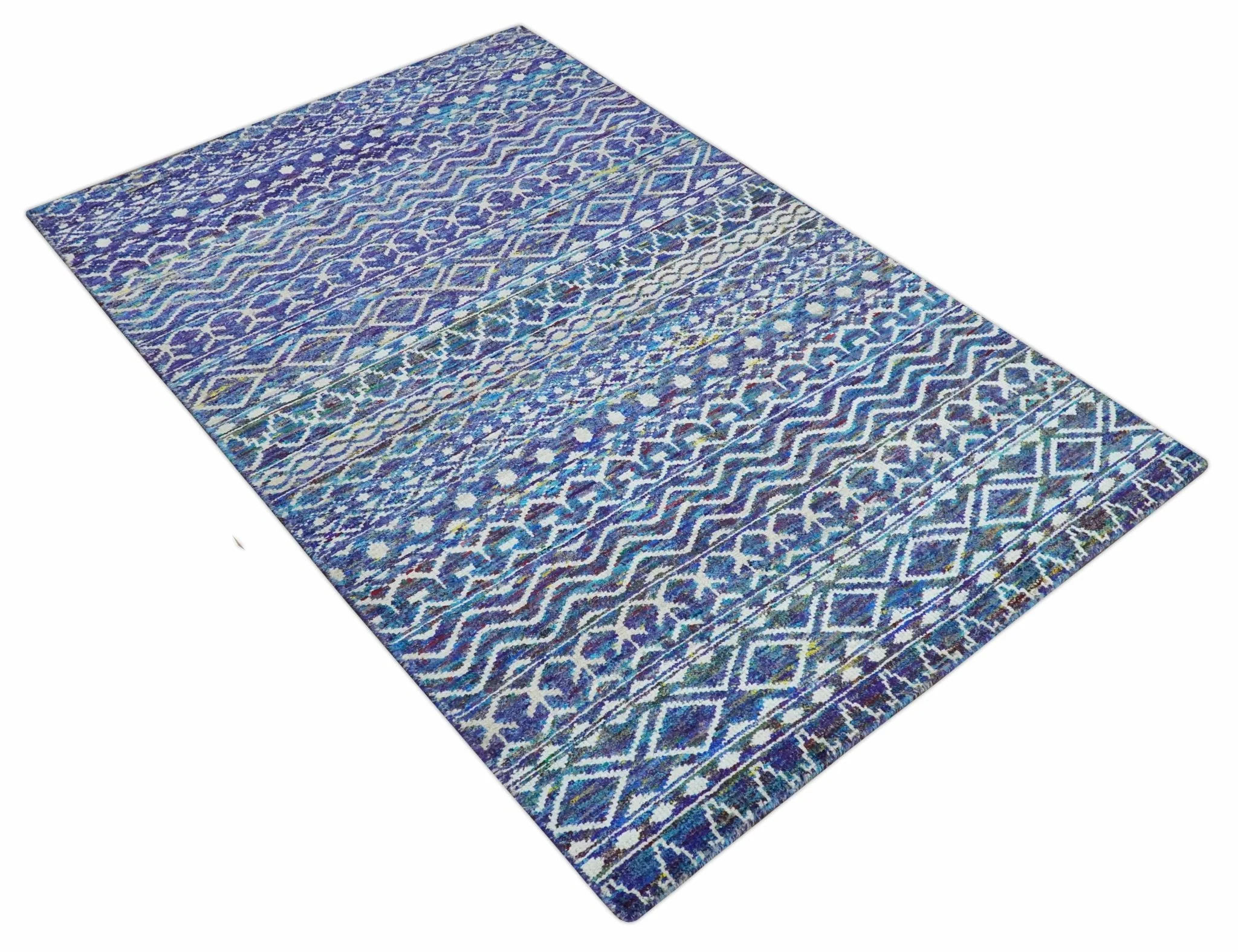 Hand Knotted Blue and Ivory 5.6x8.5 Modern Contemporary Southwestern Tribal Trellis Recycled Art Silk Area Rug - Image 9