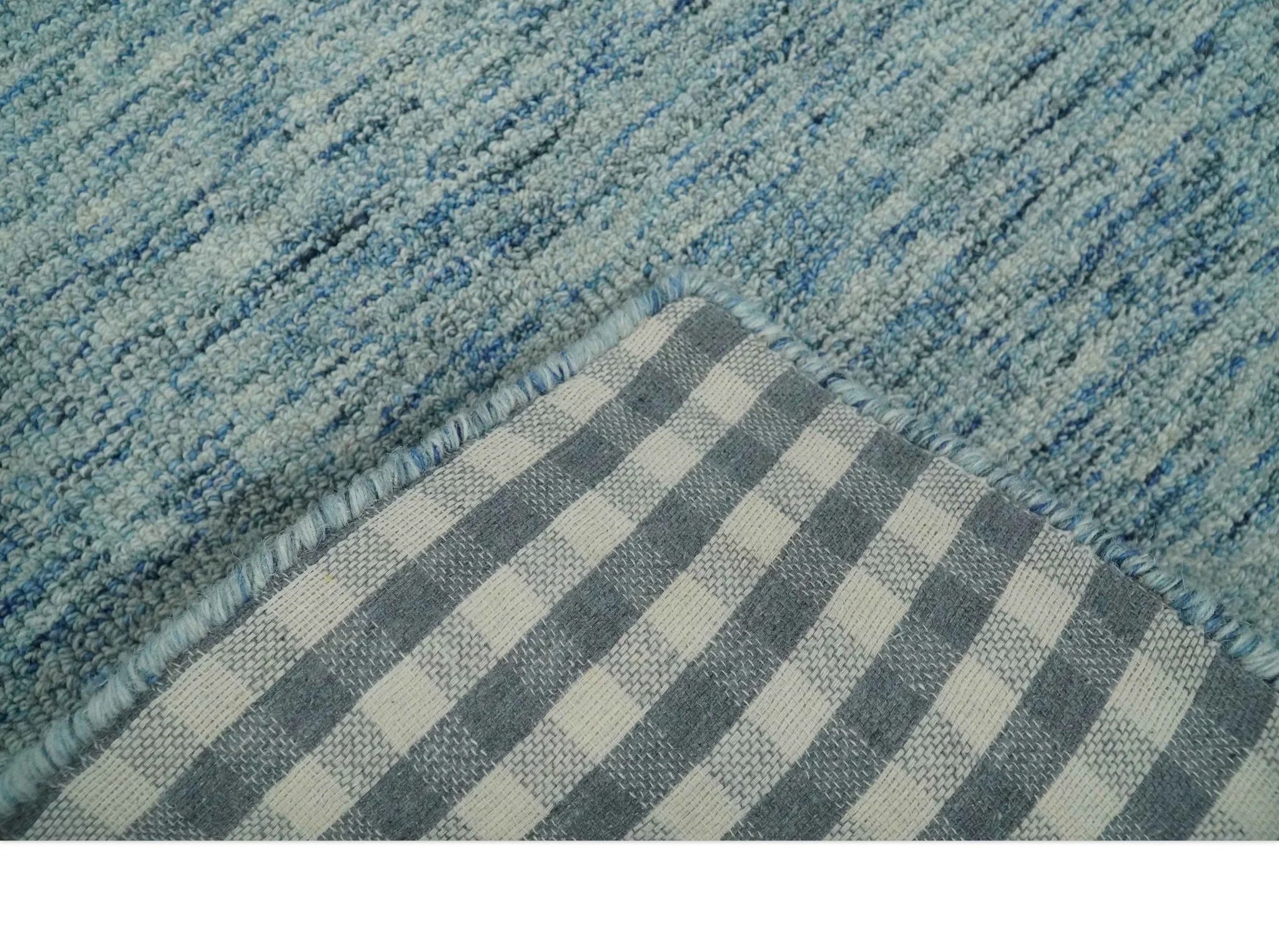 Custom Made Blue and Ivory Shaded Solid Wool Hand Woven Layering Area Rug - Image 5