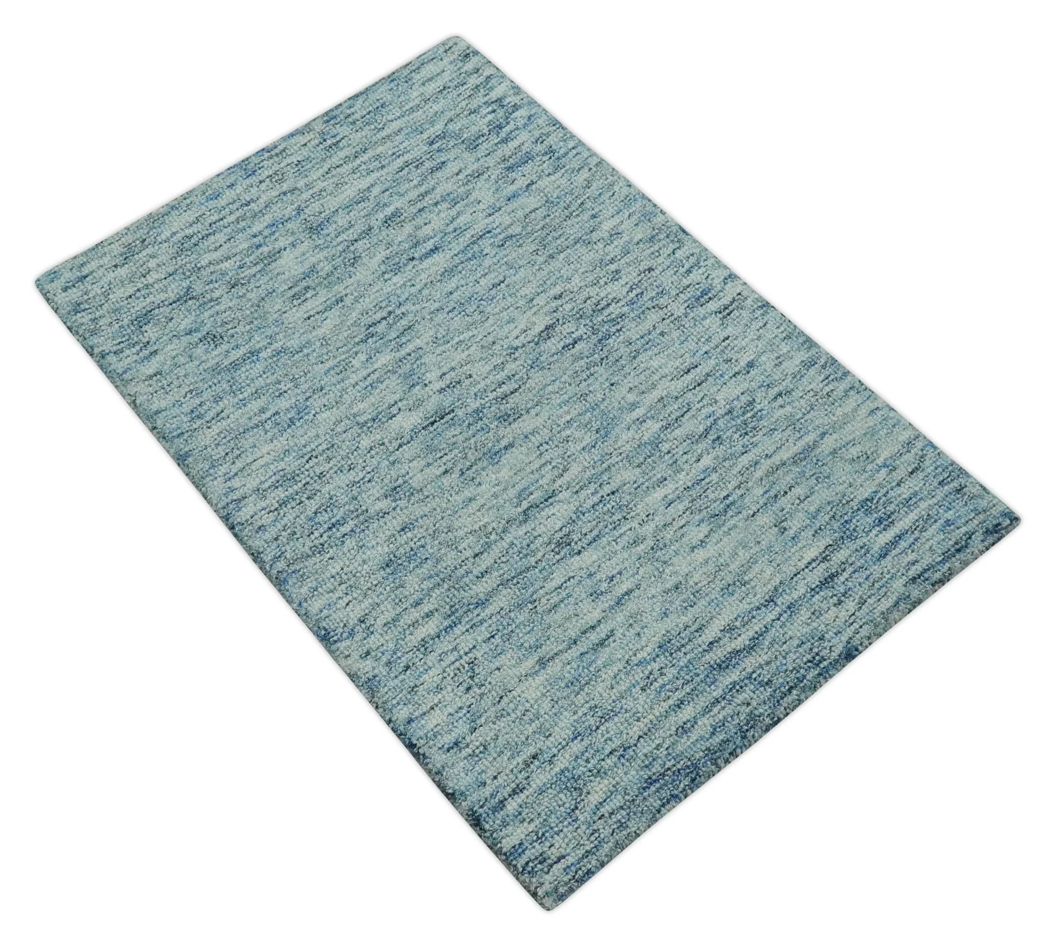 Custom Made Blue and Ivory Shaded Solid Wool Hand Woven Layering Area Rug - Image 8
