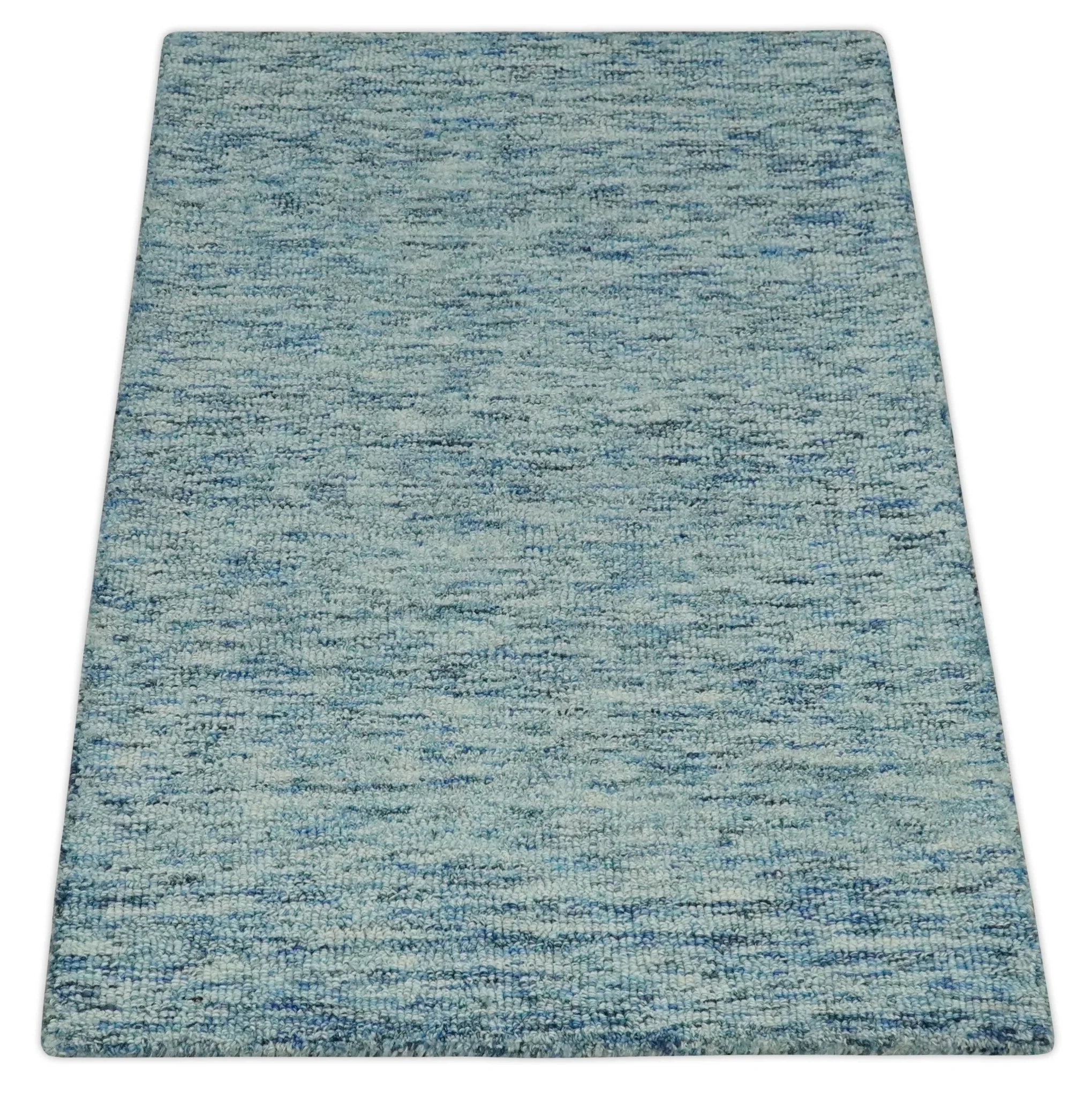 Custom Made Blue and Ivory Shaded Solid Wool Hand Woven Layering Area Rug - Image 9