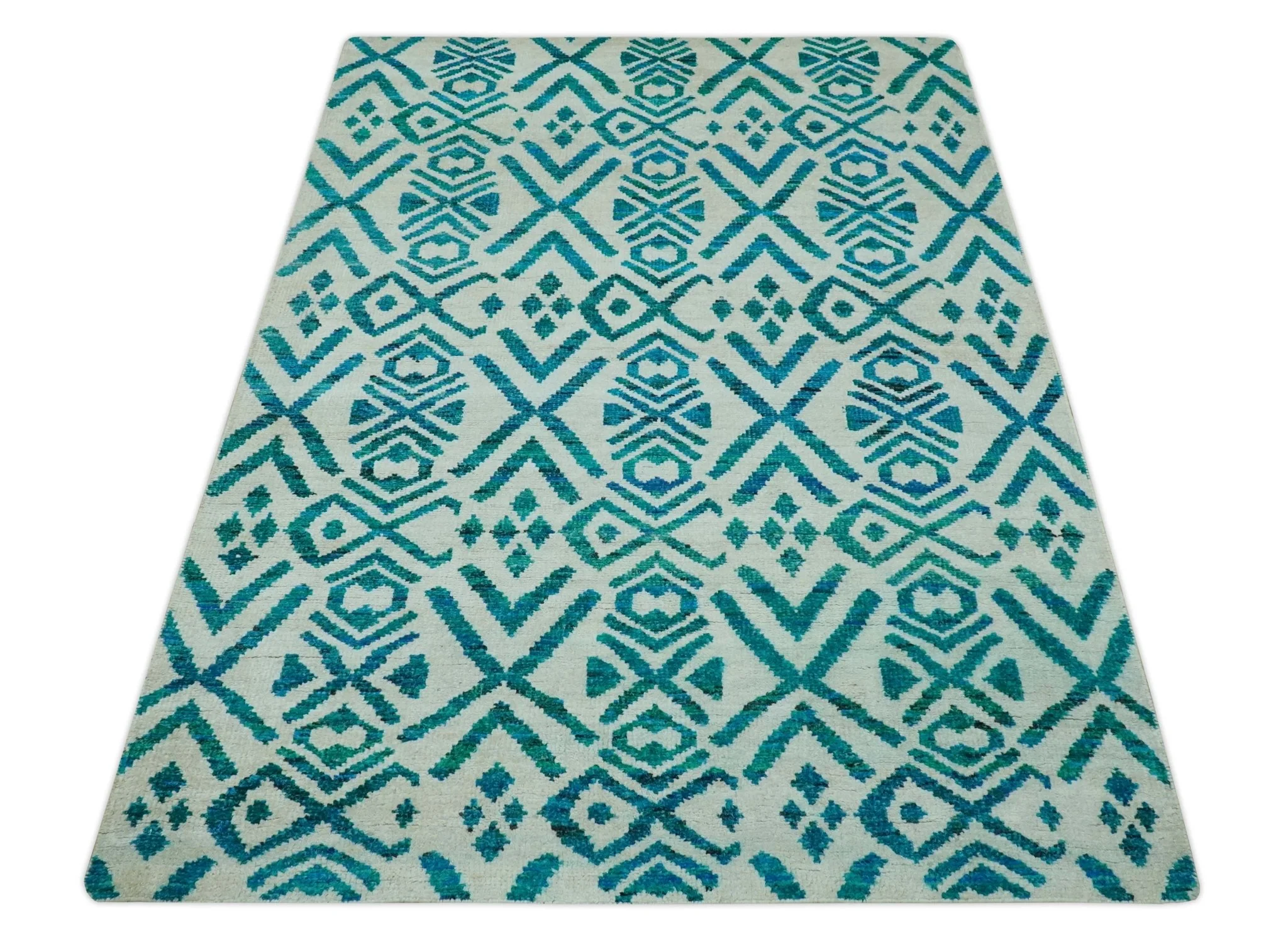 Blue and Ivory 5.6x8 Traditional Ikat design Hand Knotted wool area rug - Image 10