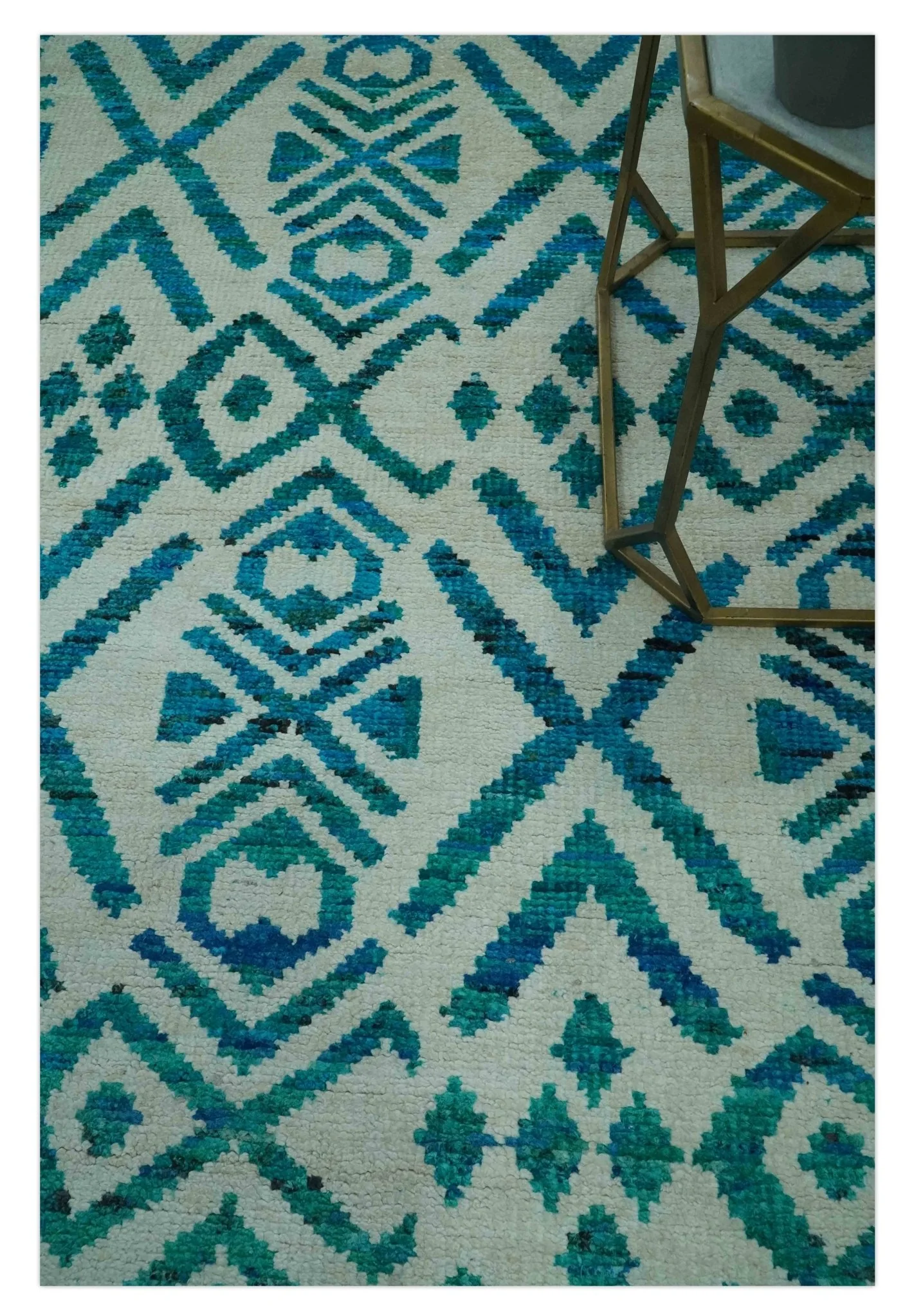 Blue and Ivory 5.6x8 Traditional Ikat design Hand Knotted wool area rug - Image 2