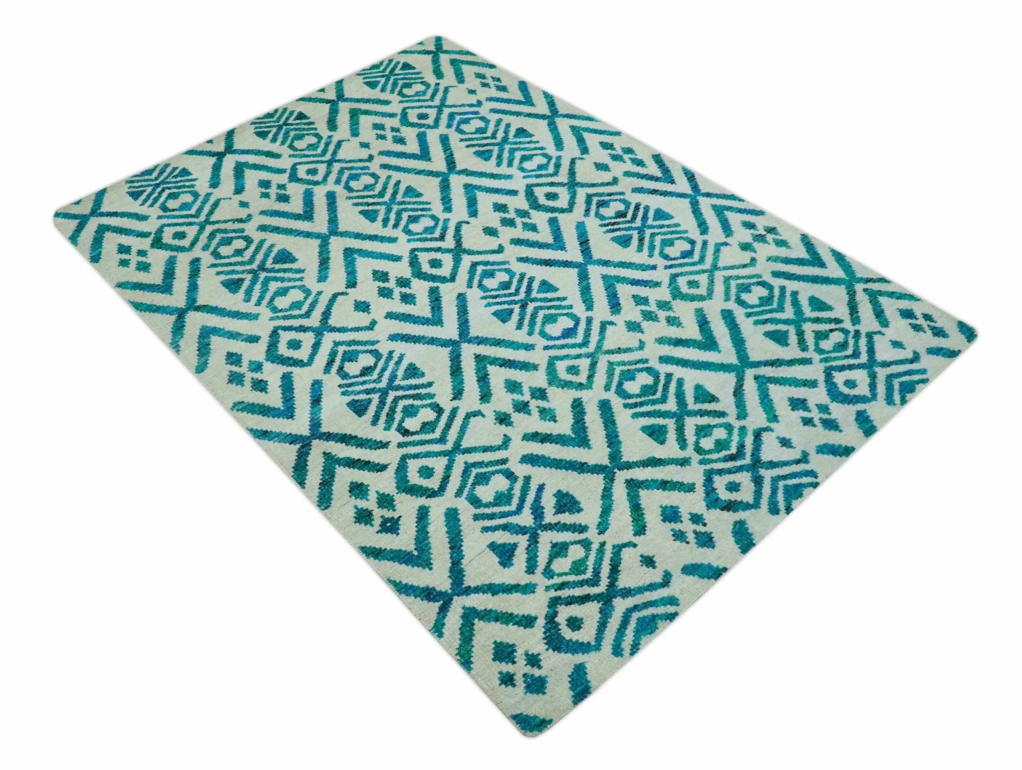 Blue and Ivory 5.6x8 Traditional Ikat design Hand Knotted wool area rug - Image 9