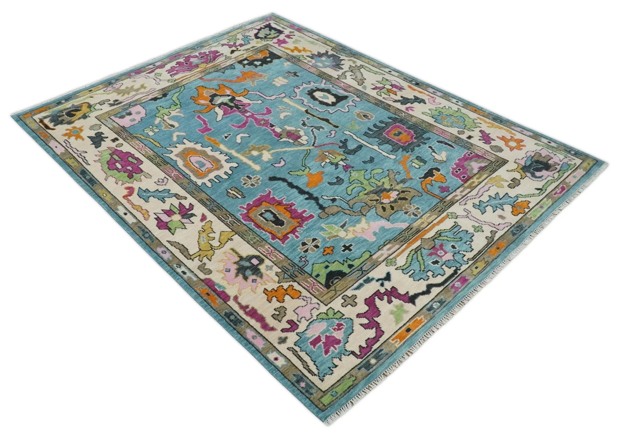 Made to Order Traditional Blue and Ivory Vibrant colorful Hand knotted Oushak wool area rug - Image 10