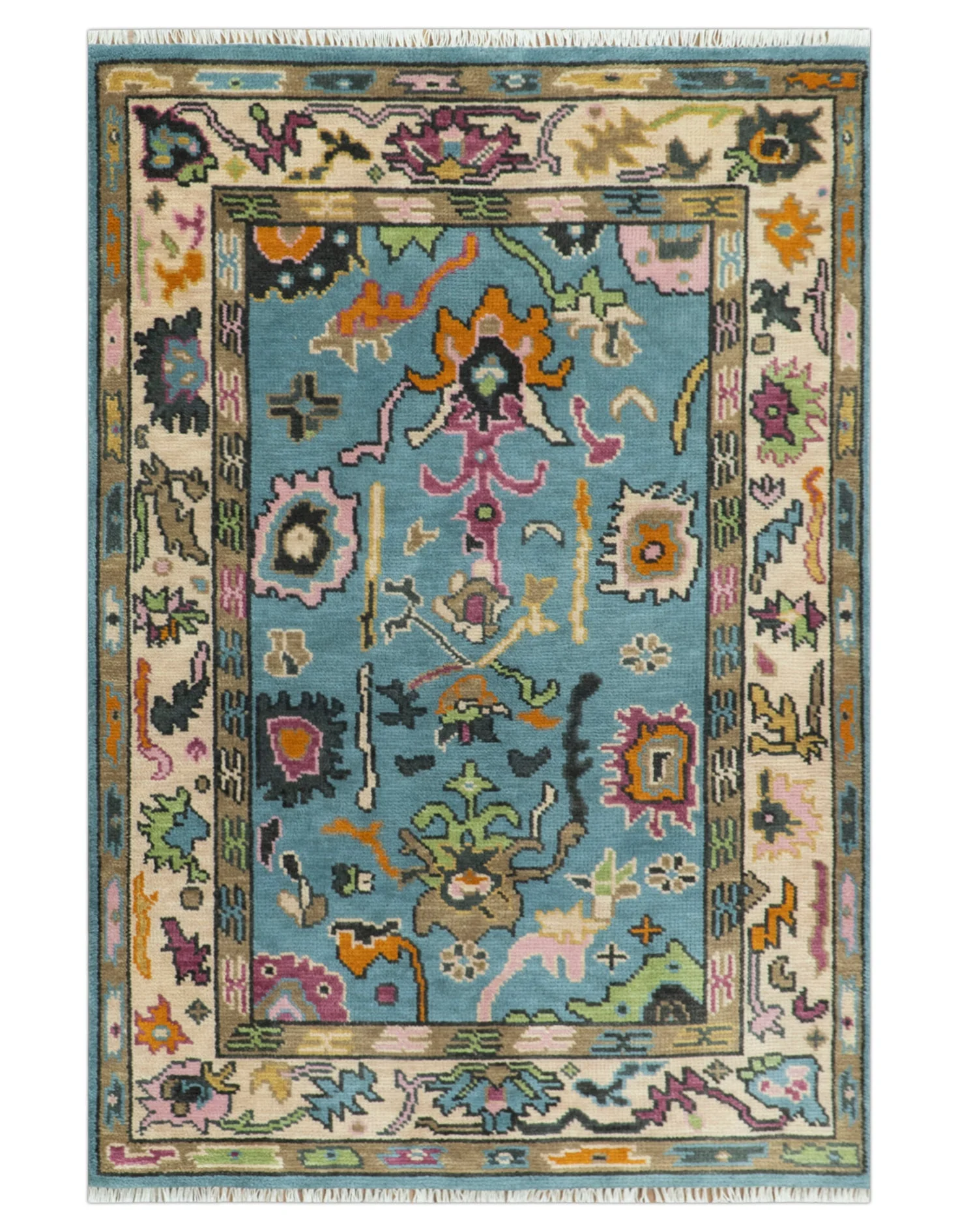 Made to Order Traditional Blue and Ivory Vibrant colorful Hand knotted Oushak wool area rug - Image 11