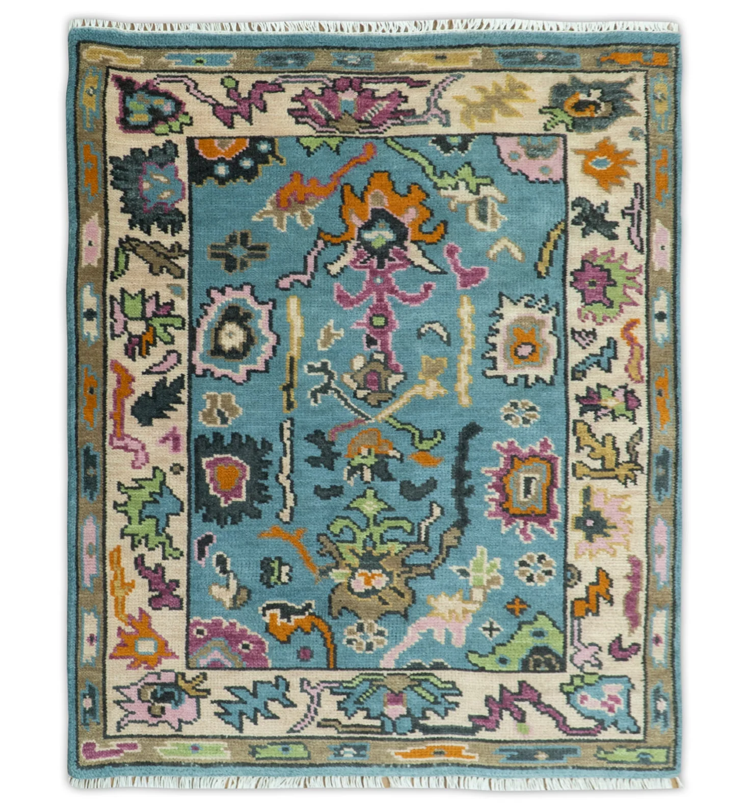 Made to Order Traditional Blue and Ivory Vibrant colorful Hand knotted Oushak wool area rug - Image 12