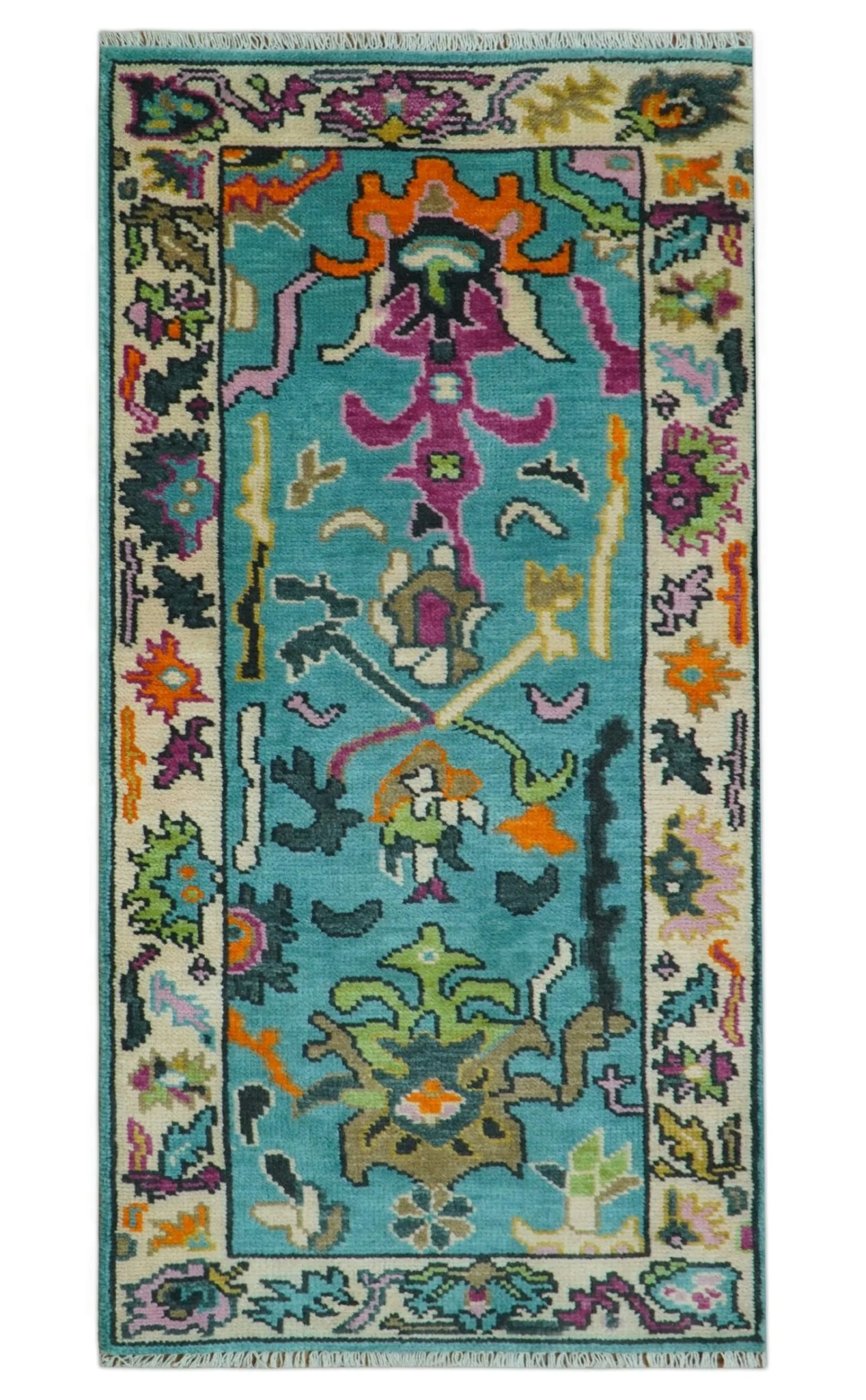 Made to Order Traditional Blue and Ivory Vibrant colorful Hand knotted Oushak wool area rug - Image 13