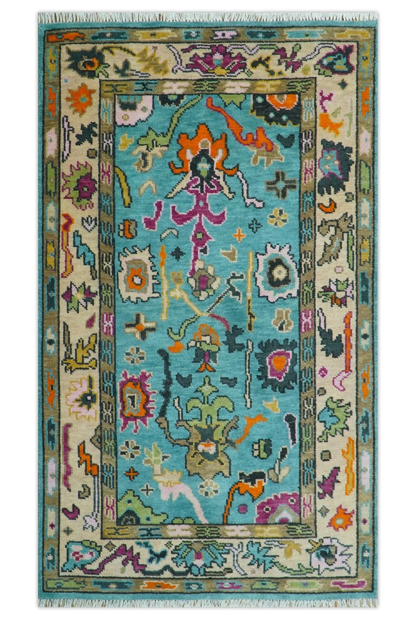 Made to Order Traditional Blue and Ivory Vibrant colorful Hand knotted Oushak wool area rug - Image 14